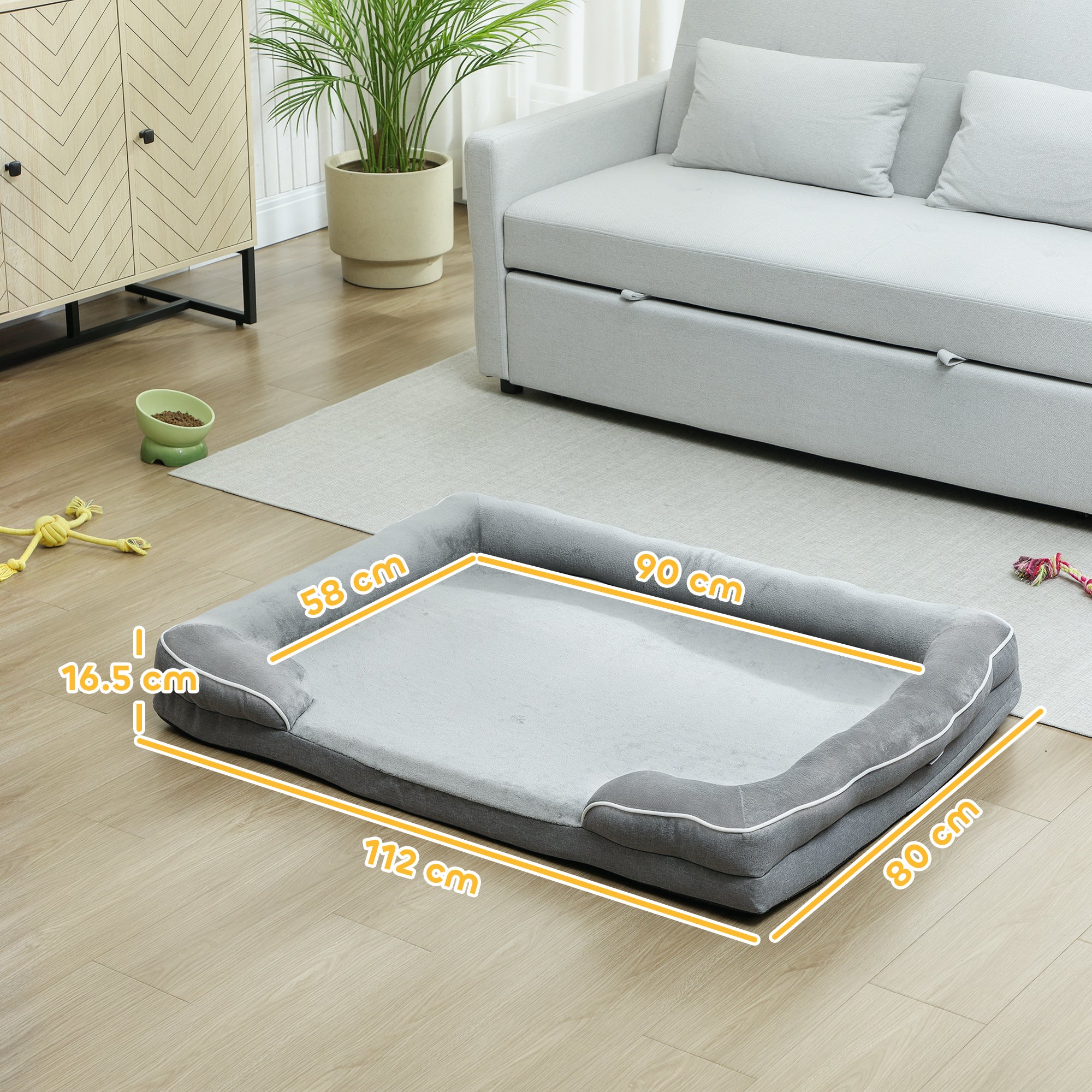 Memory Foam Dog Bed Sofa, Washable Orthopedic Dog Bed Couch with Removable Flannel Cover, 3-Sided Pet Pillow with U-Shape Bolster, Non-Slip Bottom, Grey, 112 x 80 x 16.5 cm