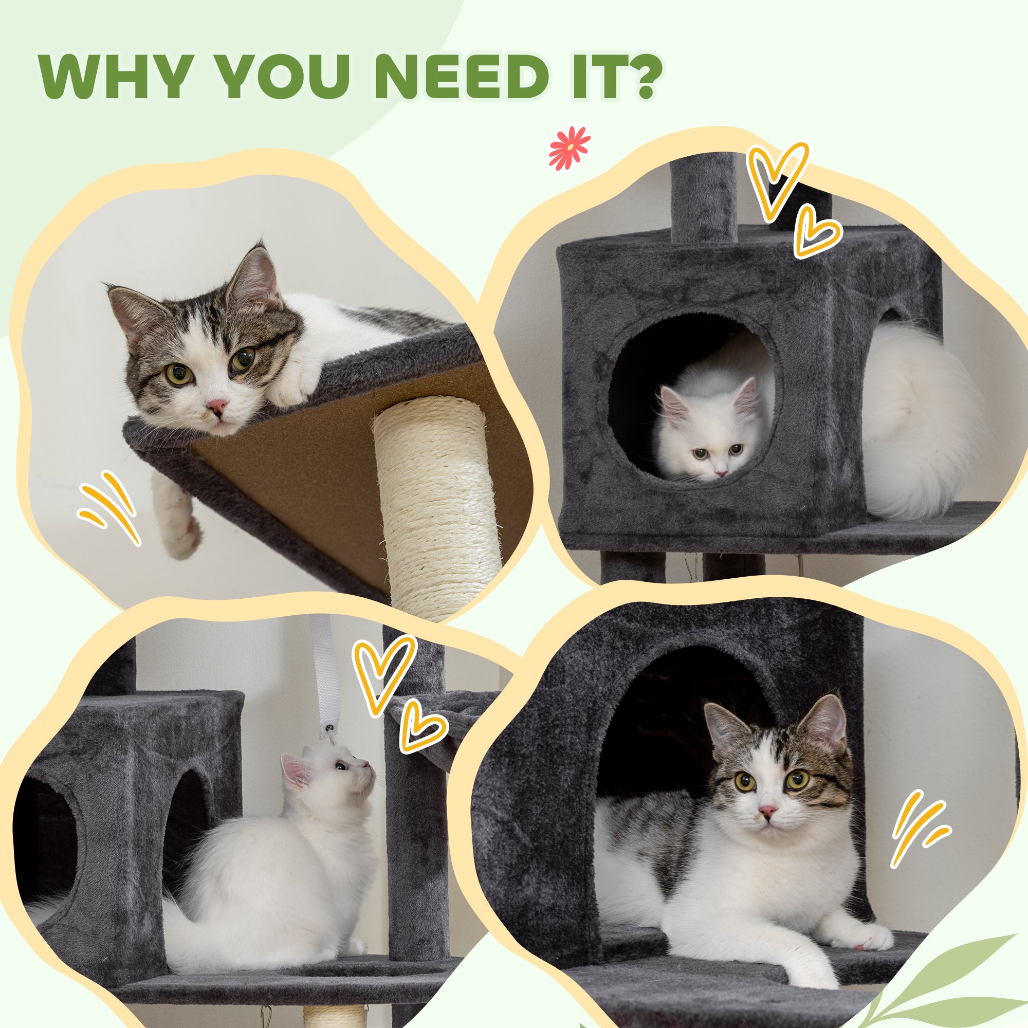 Cat Tree, 66 Inch Large Cat Tower with 2 Door Condos, 3 Big Hammocks, Plush Top Perch, Sisal Scratching Posts, Multi-level Kitty Tree for Indoor Kittens, Dark Grey
