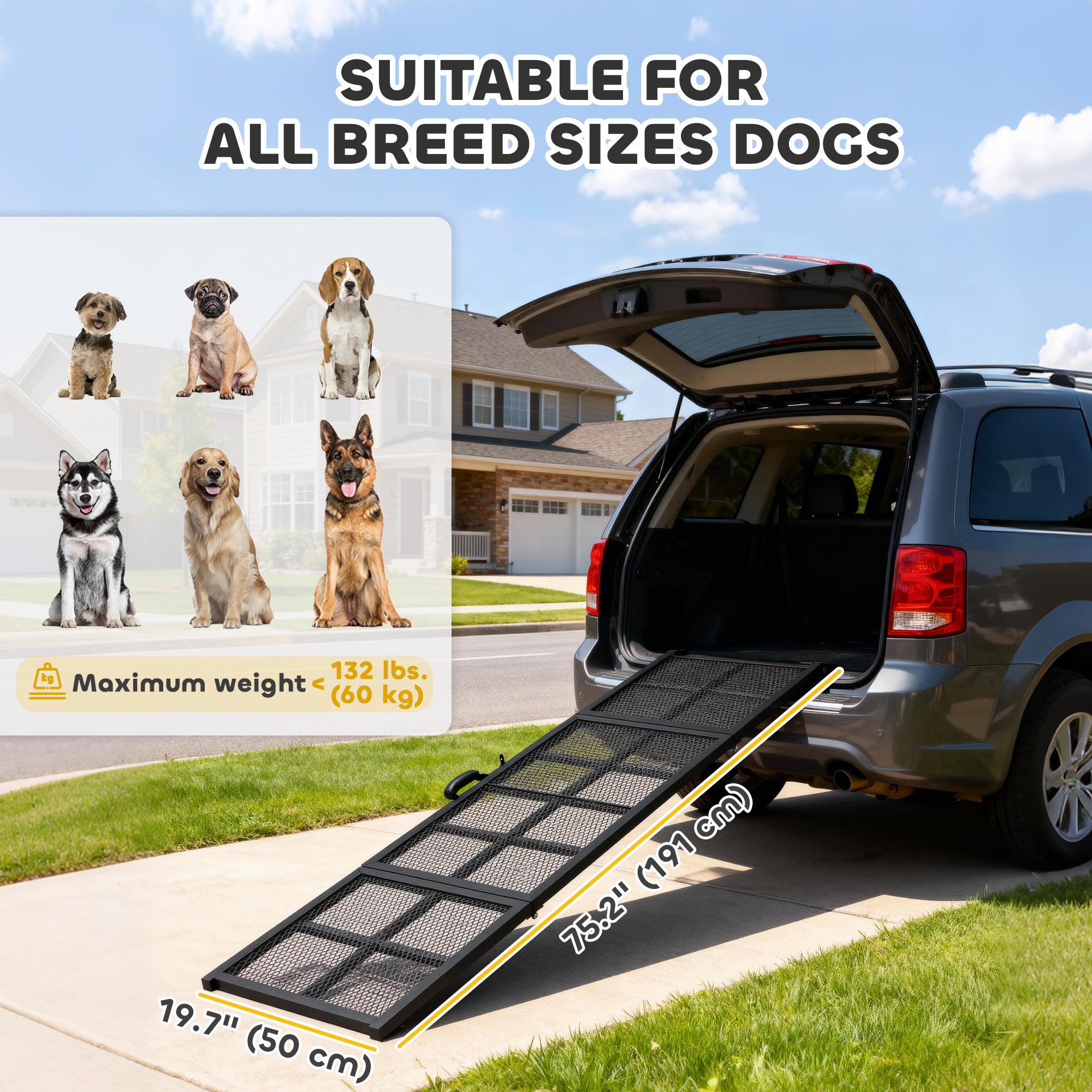 75" Dog Car Ramp, Folding Dog Ramp with Anti-Slip Surface, Extra Long & Wide Pet Stairs for Large Pets to Get Into a Car, SUV, Truck, RV, High Bed, Black
