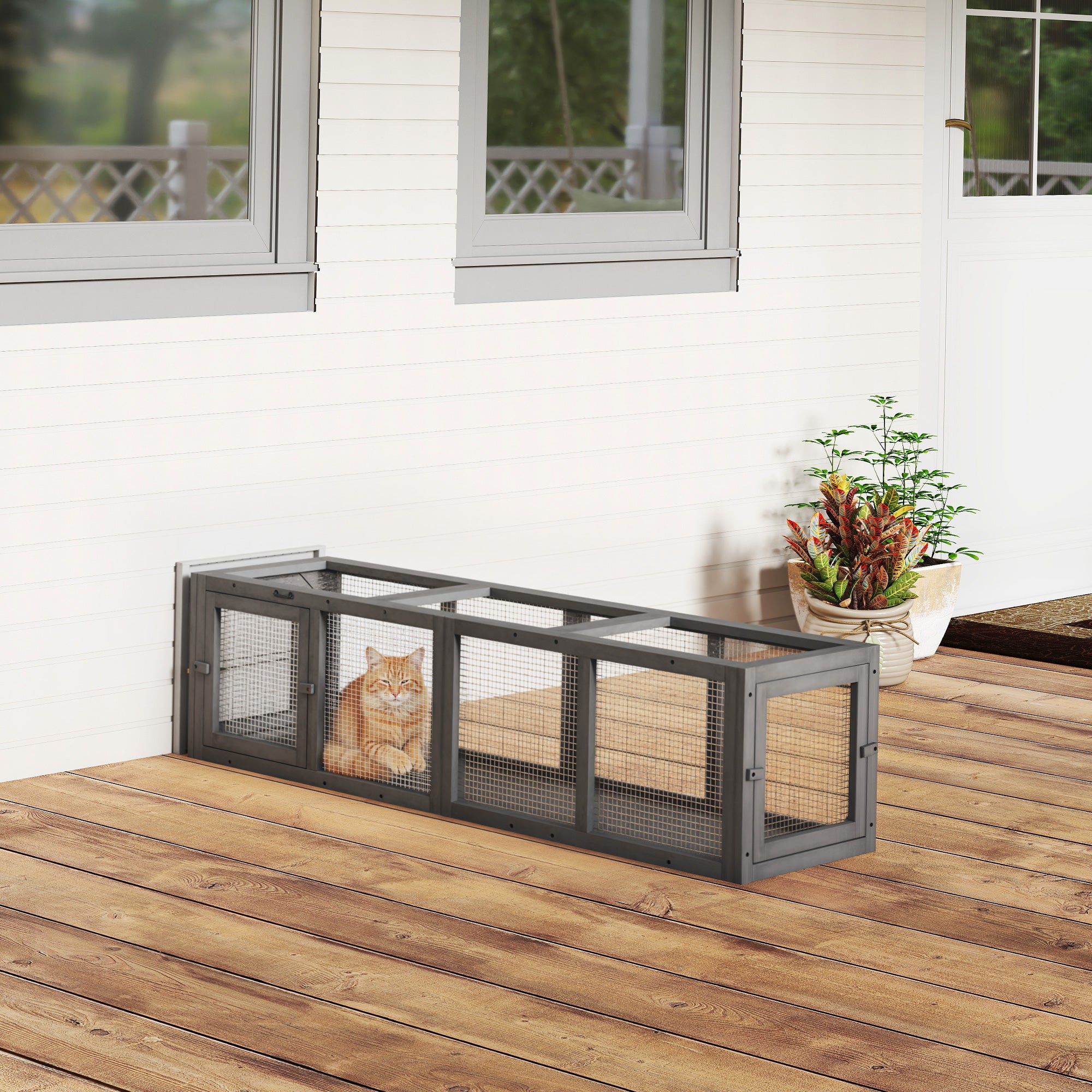 Outdoor Cat Tunnel, 59" Wooden Play Cat Enclosure, Extendable Pet Run with 3 Doors, for Indoor and Outdoor Use, for Kitty, Puppy, Gray