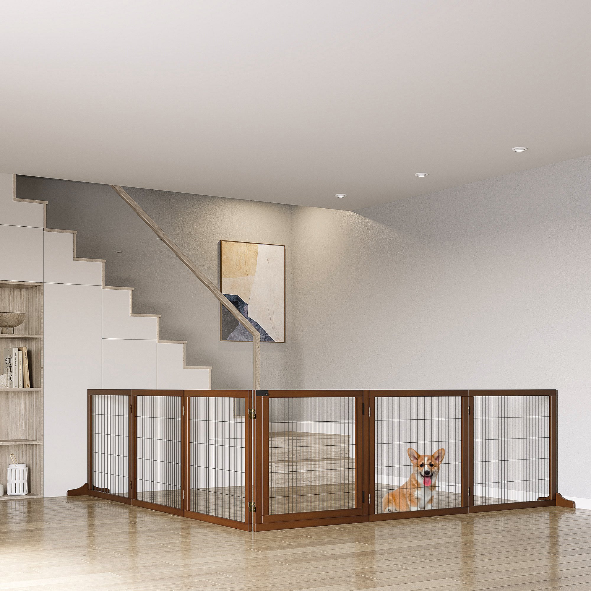 Wooden Pet Gate, Dog Safety Barrier, Freestanding Foldable Fence, w/ 6 Panels, 2 Support Feet, for House Doorway Stairs, Small & Medium Dogs, Coffee