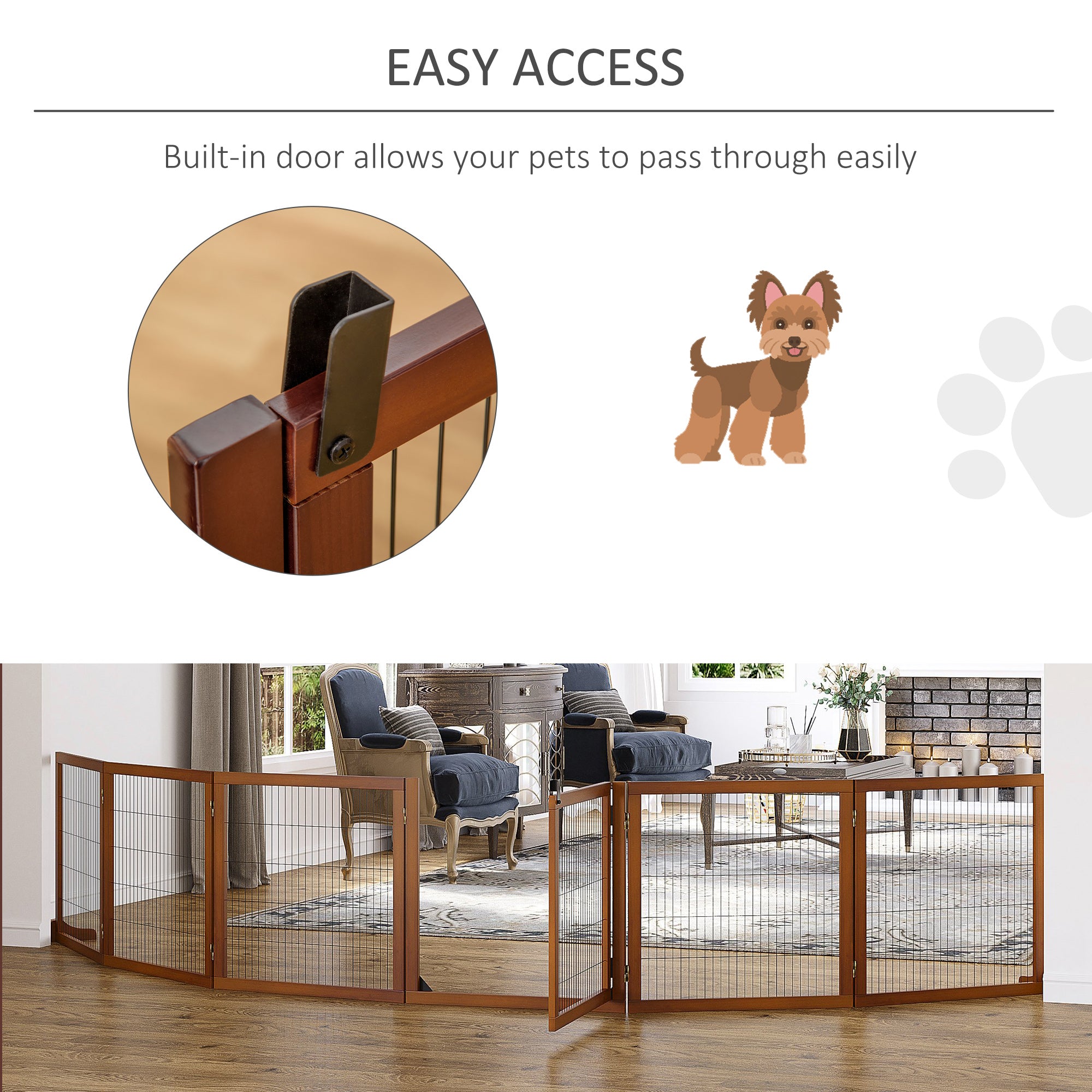 Wooden Pet Gate, Dog Safety Barrier, Freestanding Foldable Fence, w/ 6 Panels, 2 Support Feet, for House Doorway Stairs, Small & Medium Dogs, Coffee