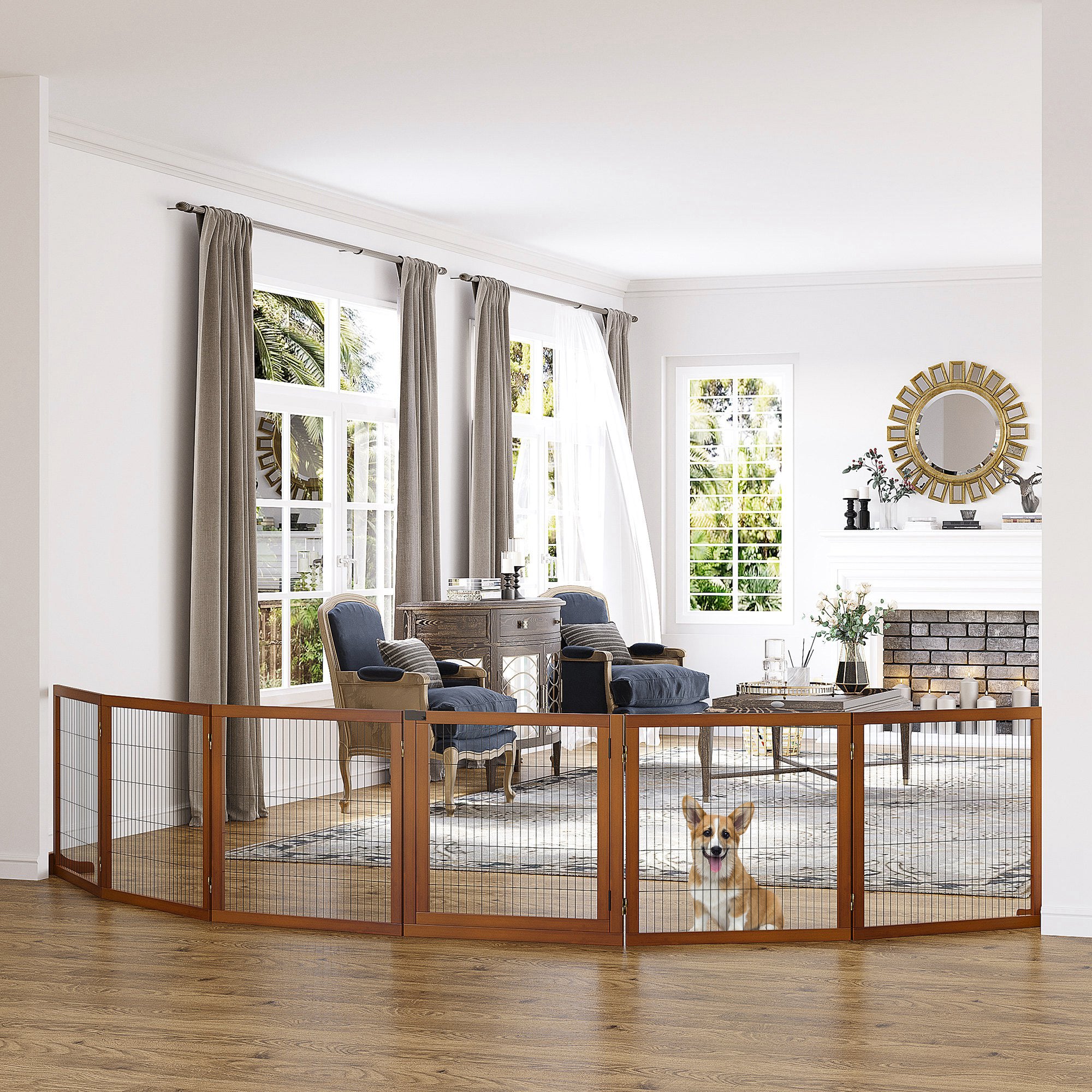 Wooden Pet Gate, Dog Safety Barrier, Freestanding Foldable Fence, w/ 6 Panels, 2 Support Feet, for House Doorway Stairs, Small & Medium Dogs, Coffee
