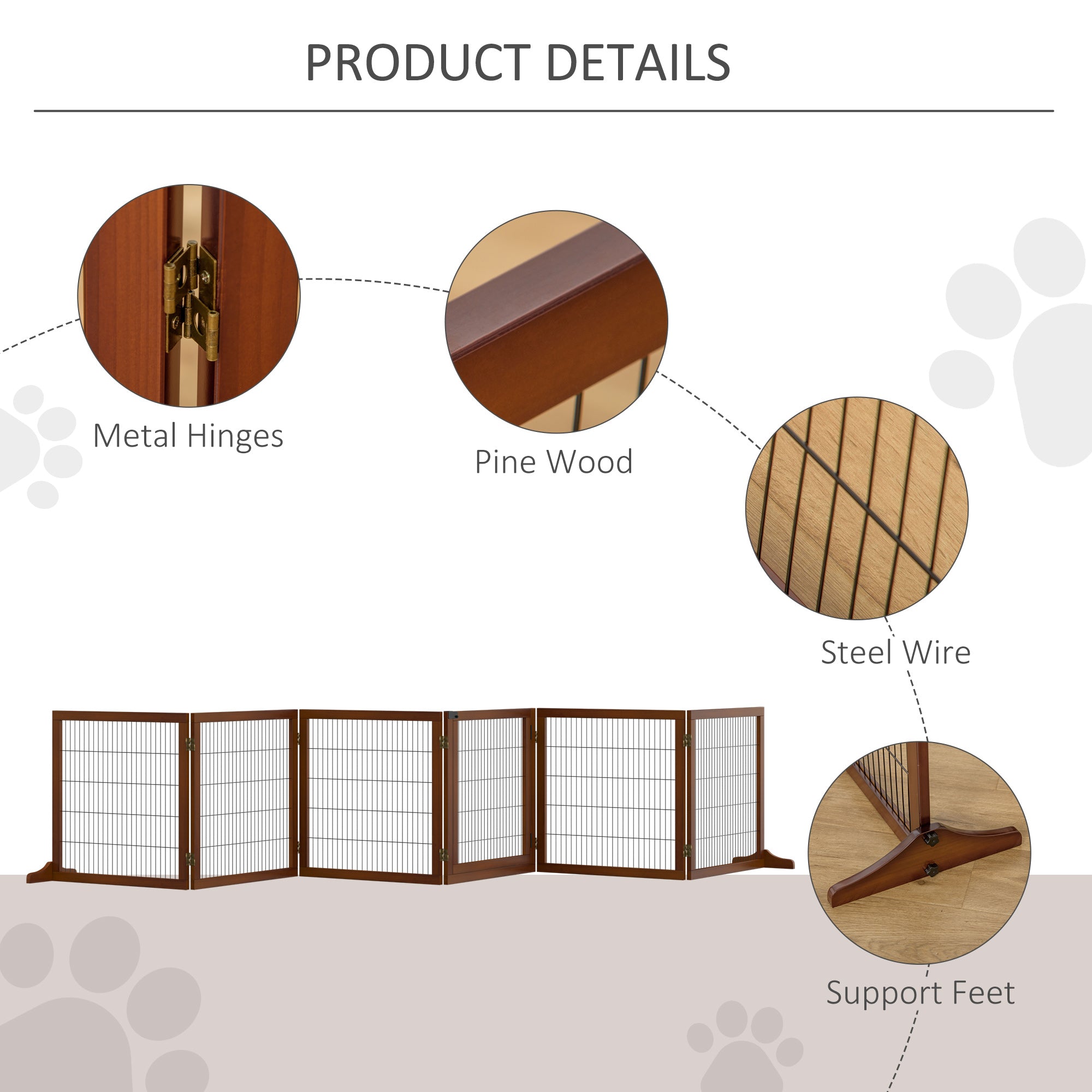Wooden Pet Gate, Dog Safety Barrier, Freestanding Foldable Fence, w/ 6 Panels, 2 Support Feet, for House Doorway Stairs, Small & Medium Dogs, Coffee