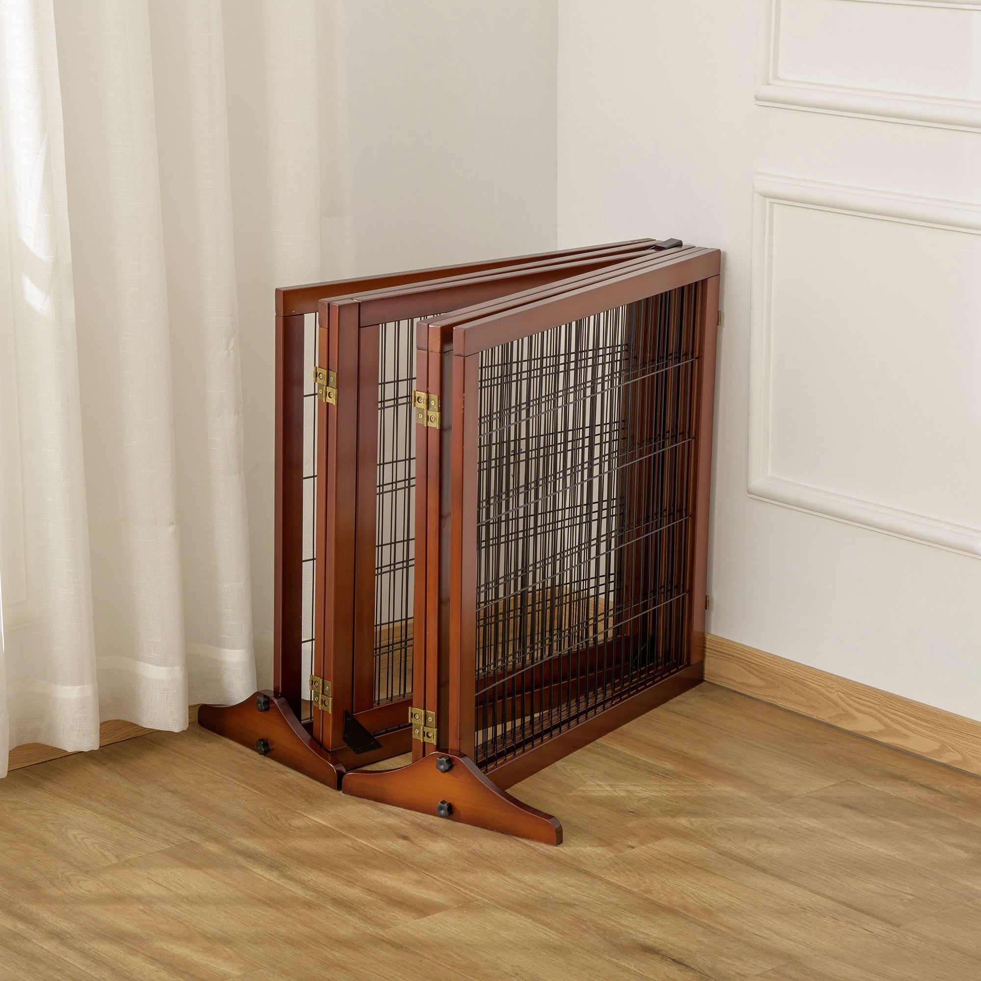 Wooden Pet Gate, Dog Safety Barrier, Freestanding Foldable Fence, w/ 6 Panels, 2 Support Feet, for House Doorway Stairs, Small & Medium Dogs, Coffee