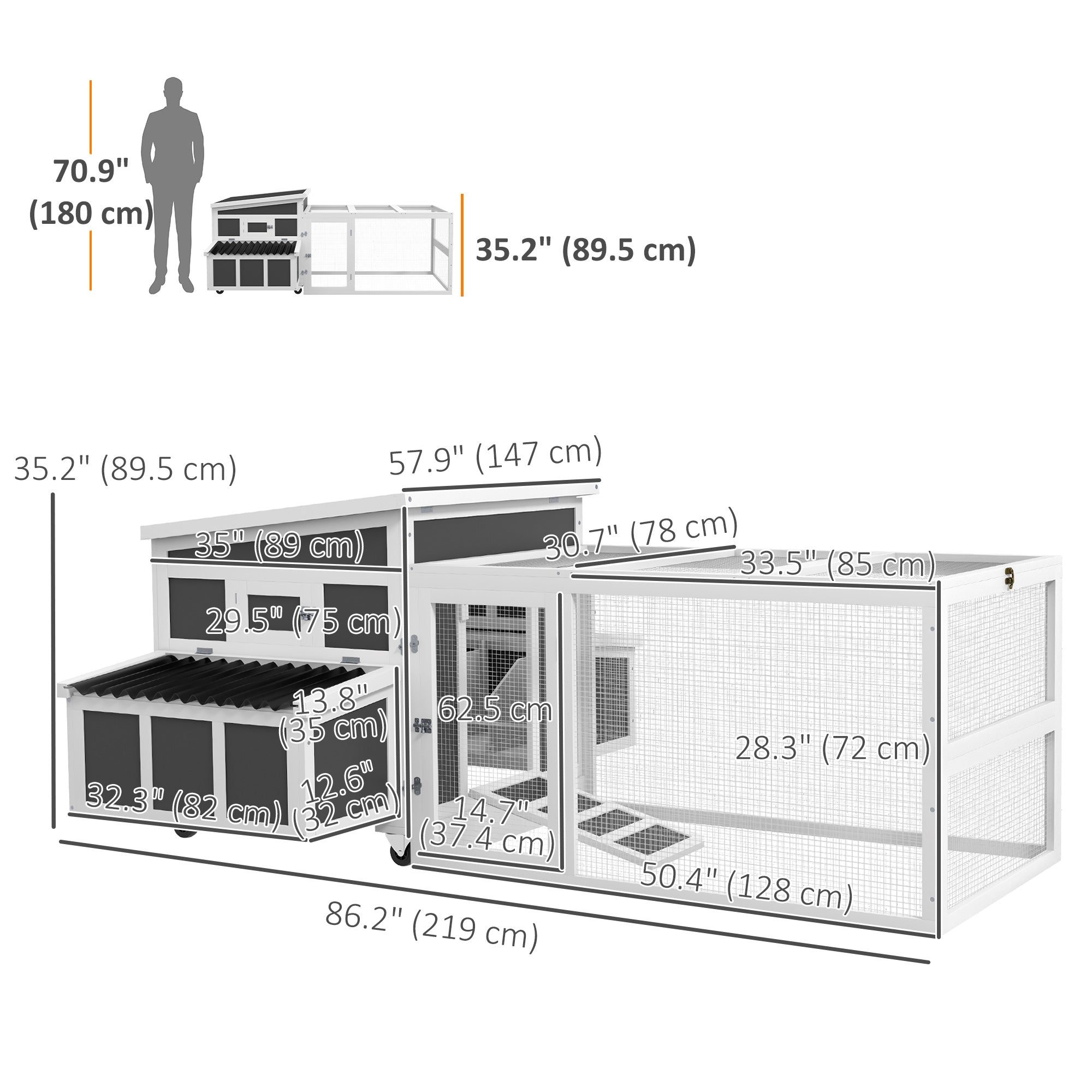 Wooden Chicken Coop for 6 Chickens, Rabbit Hutch with Large Run, Outdoor Poultry Cage Duck Coop Hen House with Nesting Box, Tray, Windows, Dark Grey