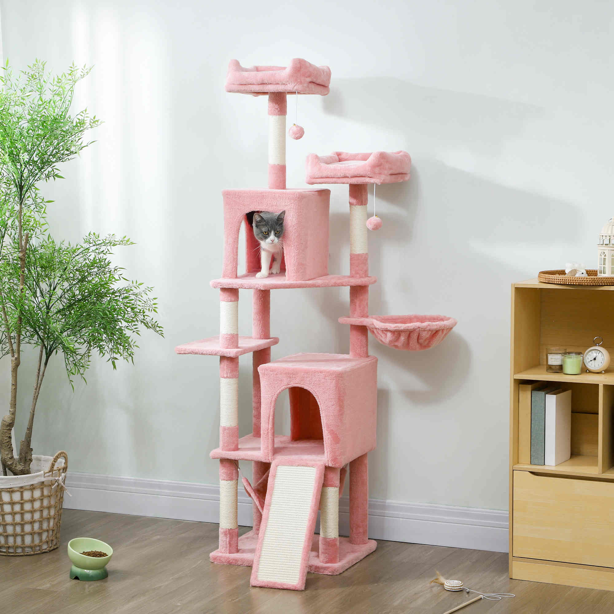 Cat Tree, 70" Multi-Level Cat Tower for Indoor with 2 Condos, 2 Plush Top Perches, Hammock, Platforms, Toy Balls, Sisal Scratching Posts and Board, Pink