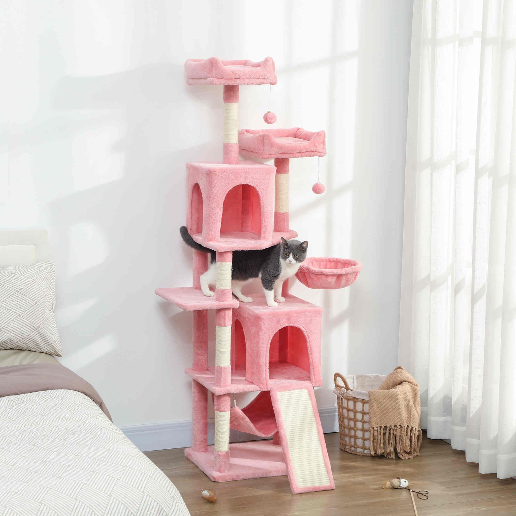 Cat Tree, 70" Multi-Level Cat Tower for Indoor with 2 Condos, 2 Plush Top Perches, Hammock, Platforms, Toy Balls, Sisal Scratching Posts and Board, Pink