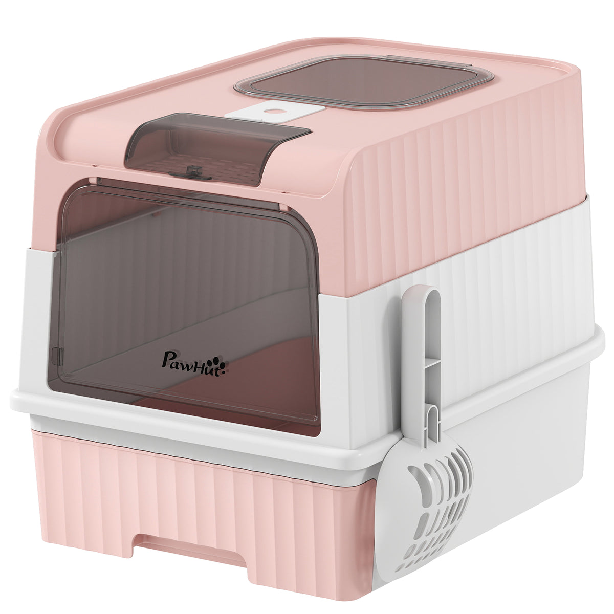 Cat litter Box with Lid, Enclosed Cat Litter Box with Pull-Out Drawer Tray, Scoop, 4 Deodorisation Bags, Front Entry & Top Exit, Privacy, Odour Control and Easy to Clean, Pink