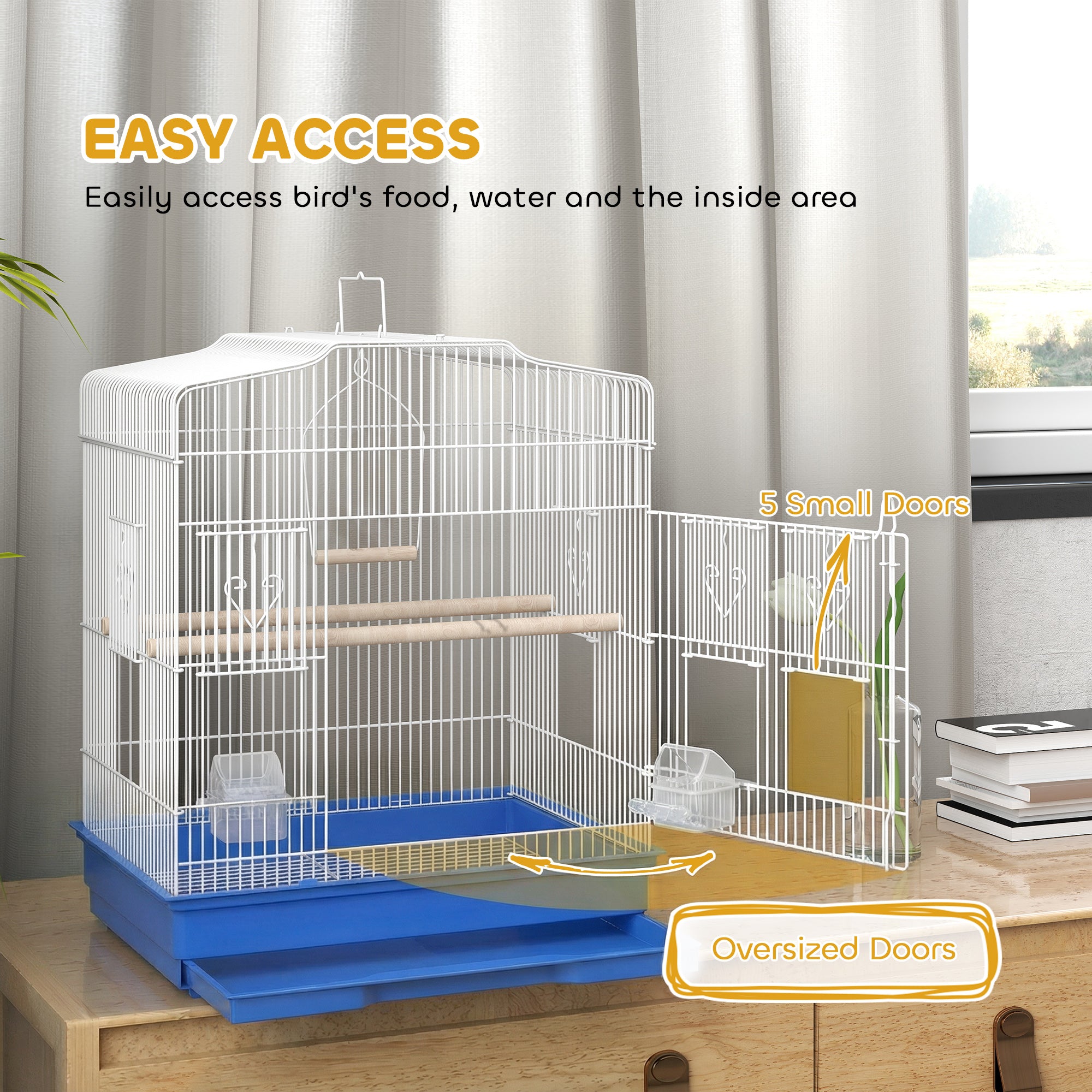 Bird Cage with Perches, Food Bowls, Swing, Parrot Cage for Budgie, Parakeet, Small Bird, 46.5 x 36 x 59cm, Blue