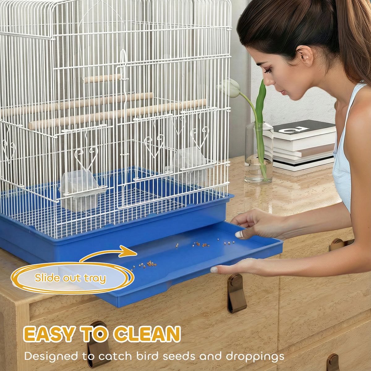 Bird Cage with Perches, Food Bowls, Swing, Parrot Cage for Budgie, Parakeet, Small Bird, 46.5 x 36 x 59cm, Blue