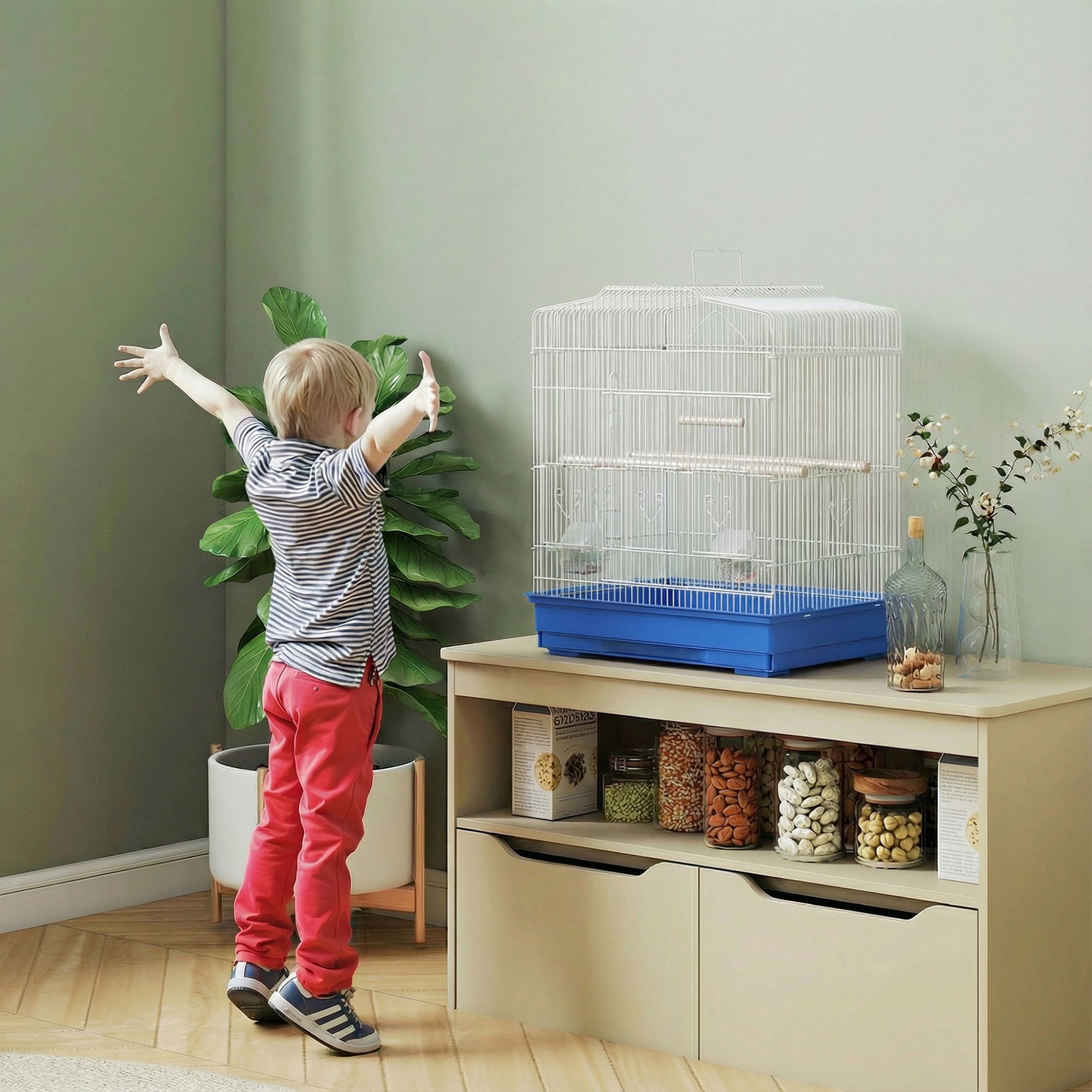 Bird Cage with Perches, Food Bowls, Swing, Parrot Cage for Budgie, Parakeet, Small Bird, 46.5 x 36 x 59cm, Blue