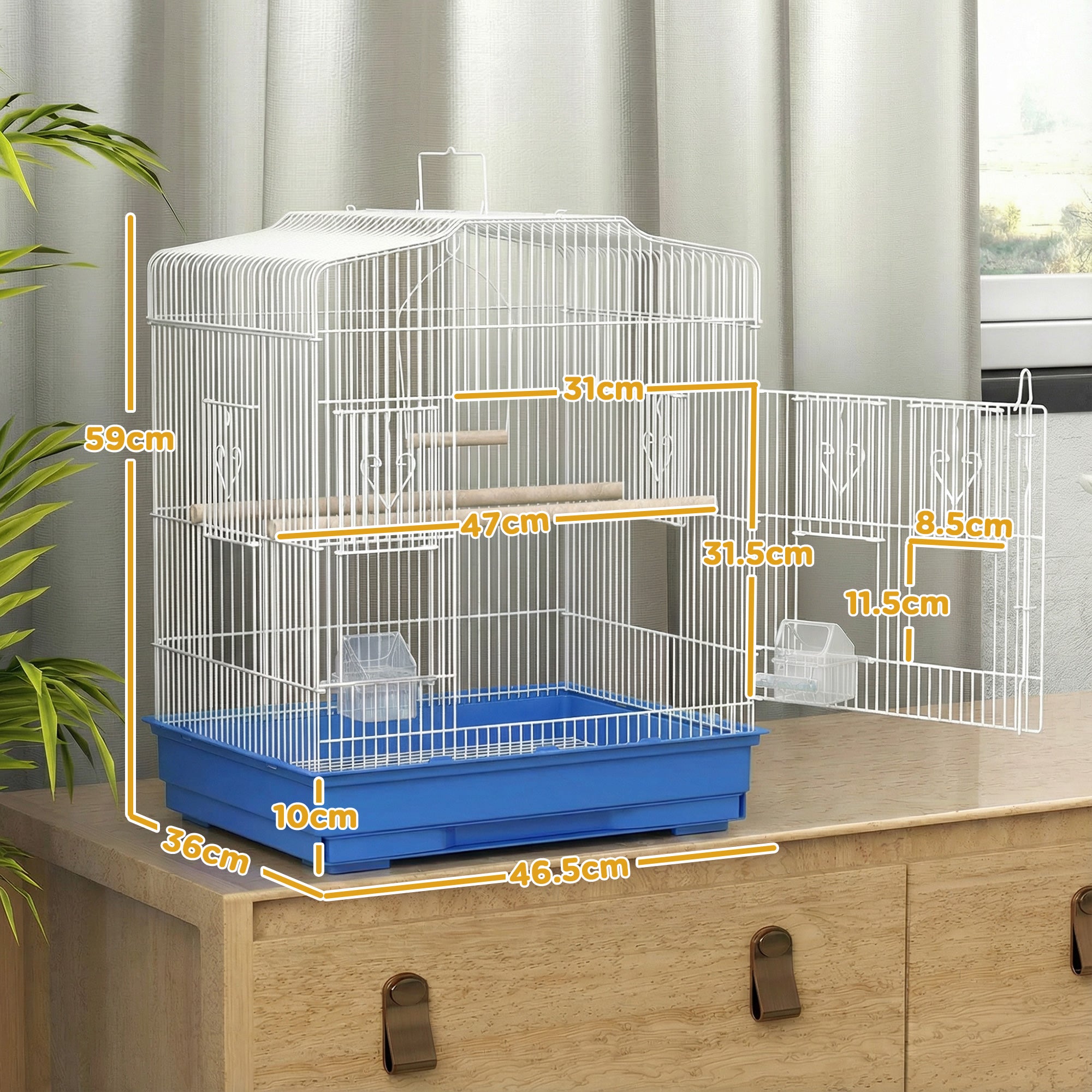 Bird Cage with Perches, Food Bowls, Swing, Parrot Cage for Budgie, Parakeet, Small Bird, 46.5 x 36 x 59cm, Blue