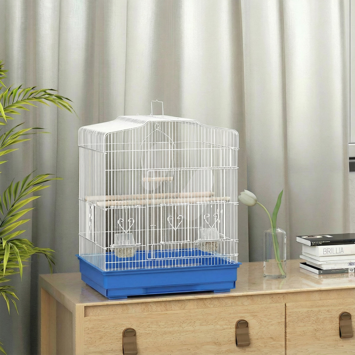 Bird Cage with Perches, Food Bowls, Swing, Parrot Cage for Budgie, Parakeet, Small Bird, 46.5 x 36 x 59cm, Blue