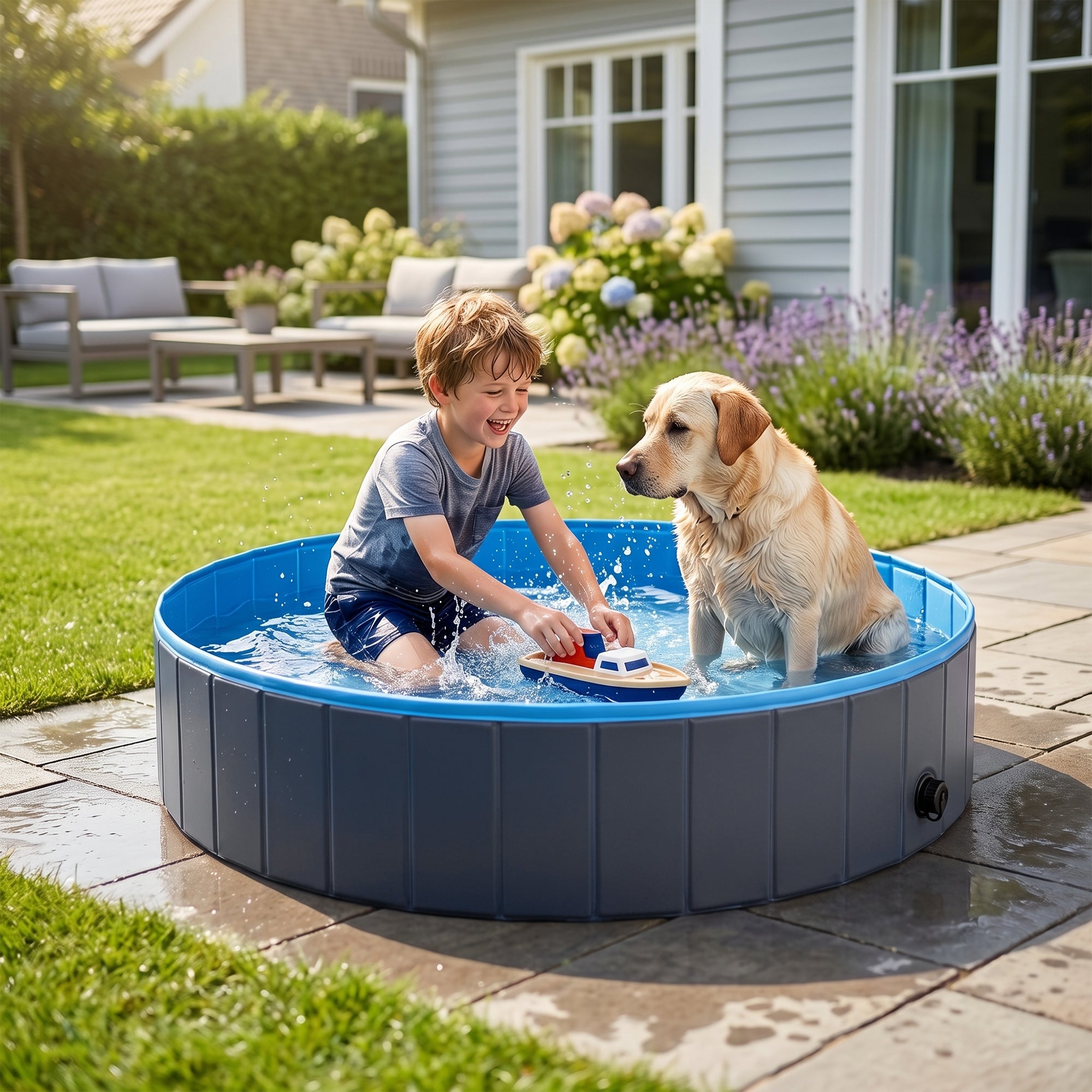 Foldable Dog Pool for Puppies and Ducks, Thickened PVC Dog Paddling Pool Bath Tub Hard Board, Anti-Slip Bottom and Hose Adapter for Easy Drainage, 160 x 30cm, Blue and Dark Grey