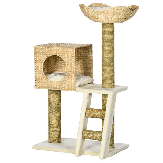 Cattail Weave Cat Tree for Indoor Cats Kitty Tower with Rattan Cat Condo, Wicker Bed, Ladder, Washable Cushions, 22.5" x 14.5" x 39.5", Natural
