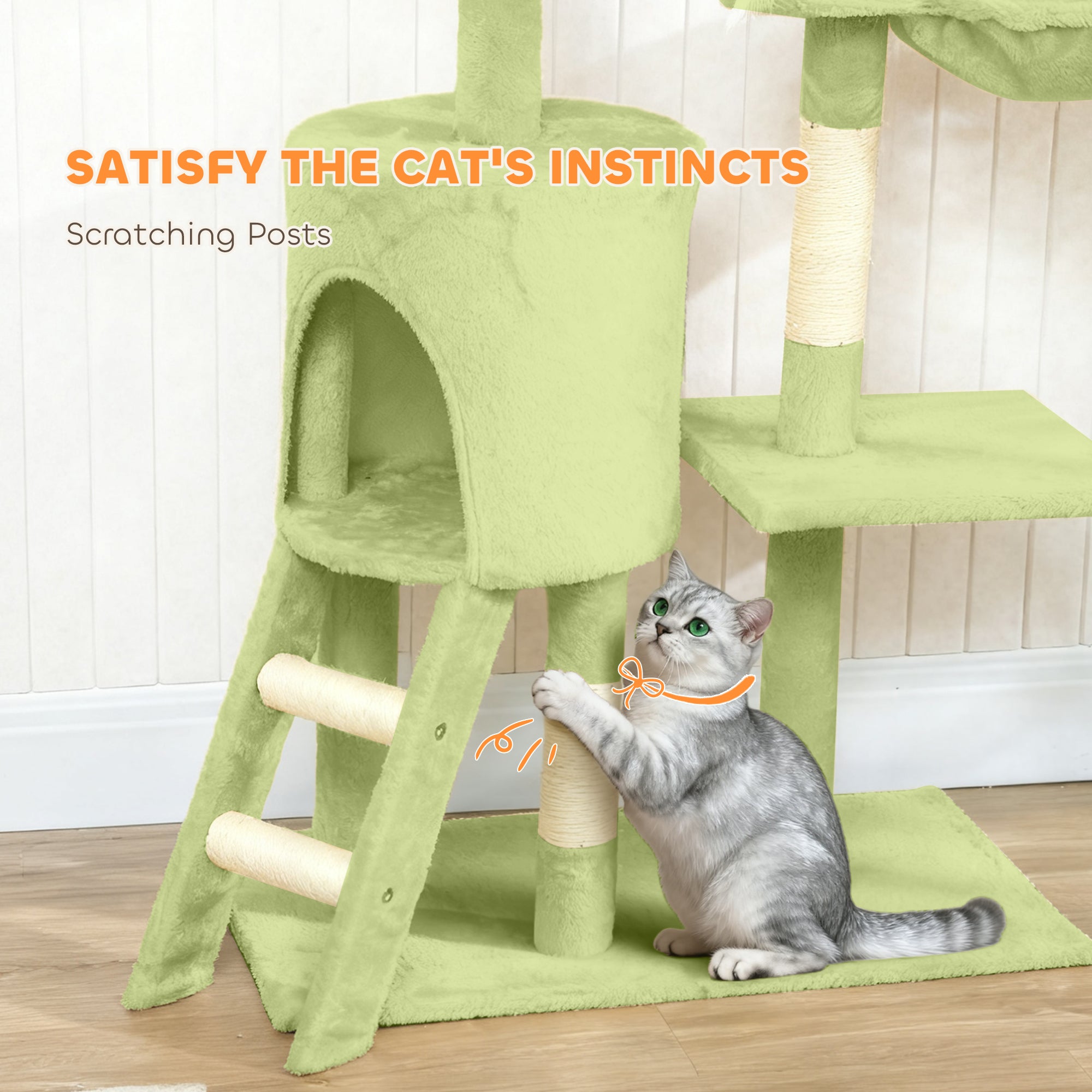 Cat Tree, 53" Cat Tower for Indoor Kittens with Sisal Scratching Posts, Plush Perches, Condo, Hammock, Ladder, Dangling Toys, Multi-Level Kitty Activity Centre, Green