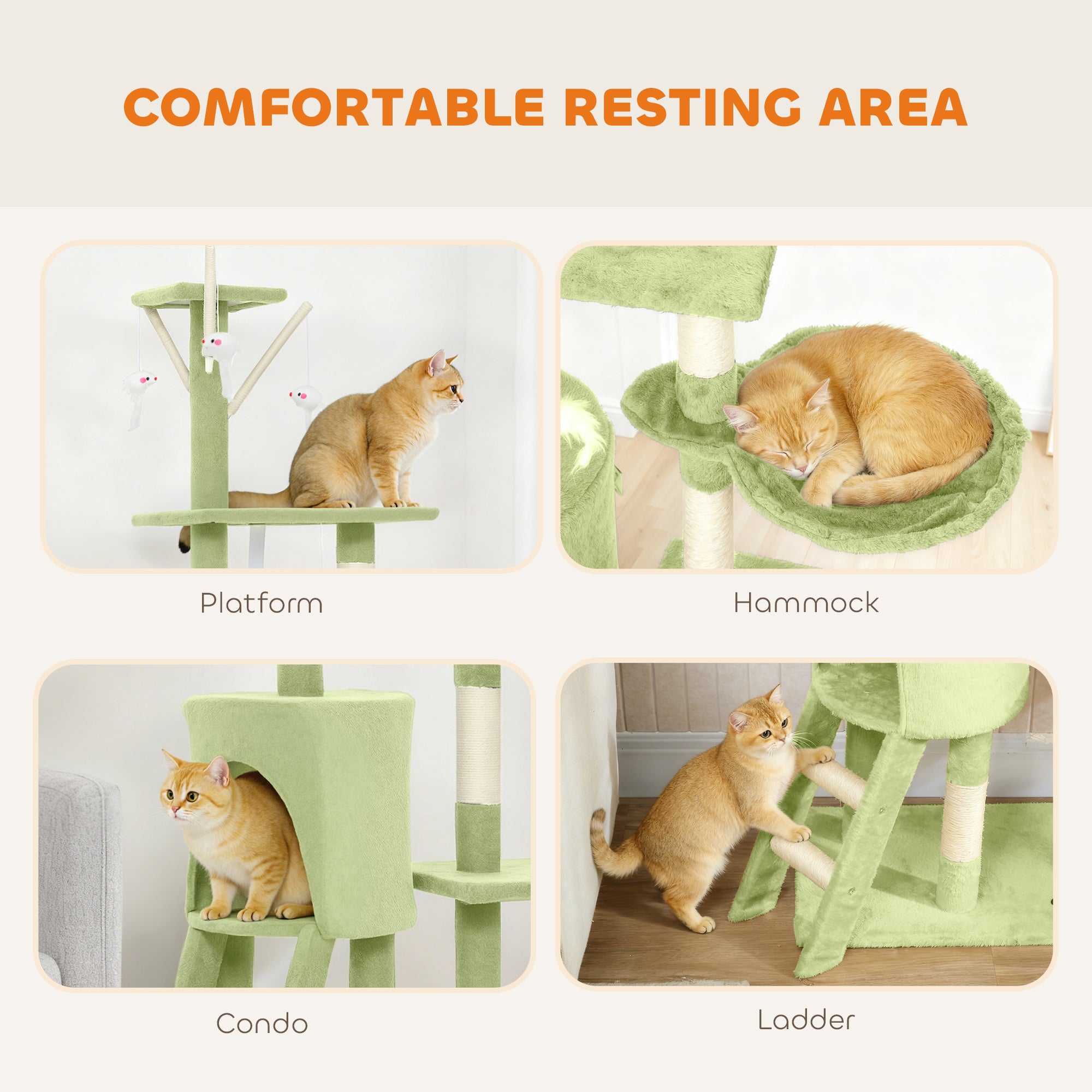 Cat Tree, 53" Cat Tower for Indoor Kittens with Sisal Scratching Posts, Plush Perches, Condo, Hammock, Ladder, Dangling Toys, Multi-Level Kitty Activity Centre, Green