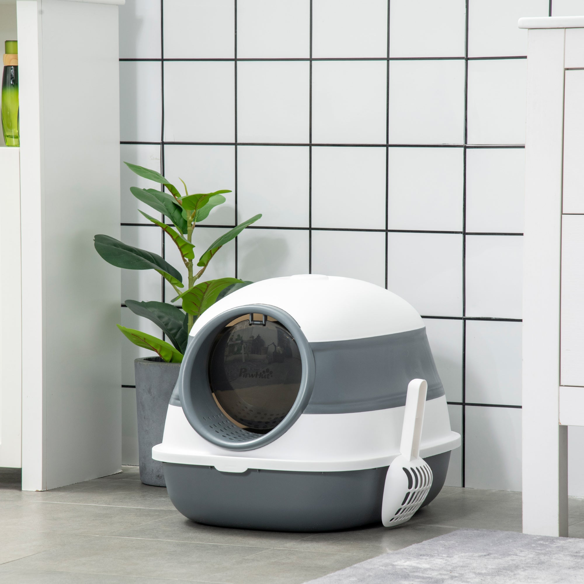 Foldable Cat Litter Box with Lid, Hooded Cat Litter Tray with High Sides, Air Freshener, Large Two-Way Entrance, Scoop, White