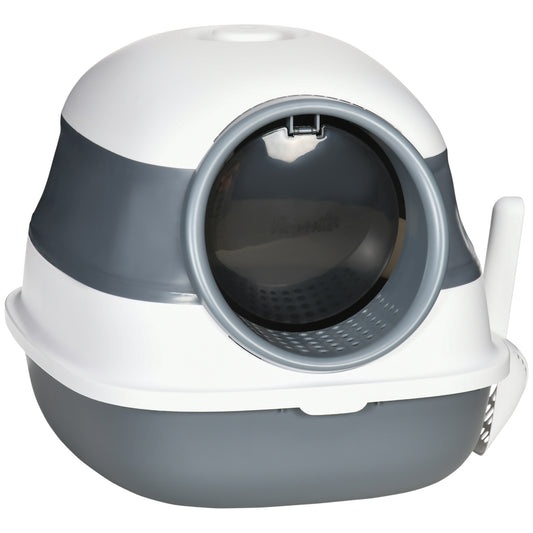Foldable Cat Litter Box with Lid, Hooded Cat Litter Tray with High Sides, Air Freshener, Large Two-Way Entrance, Scoop, White