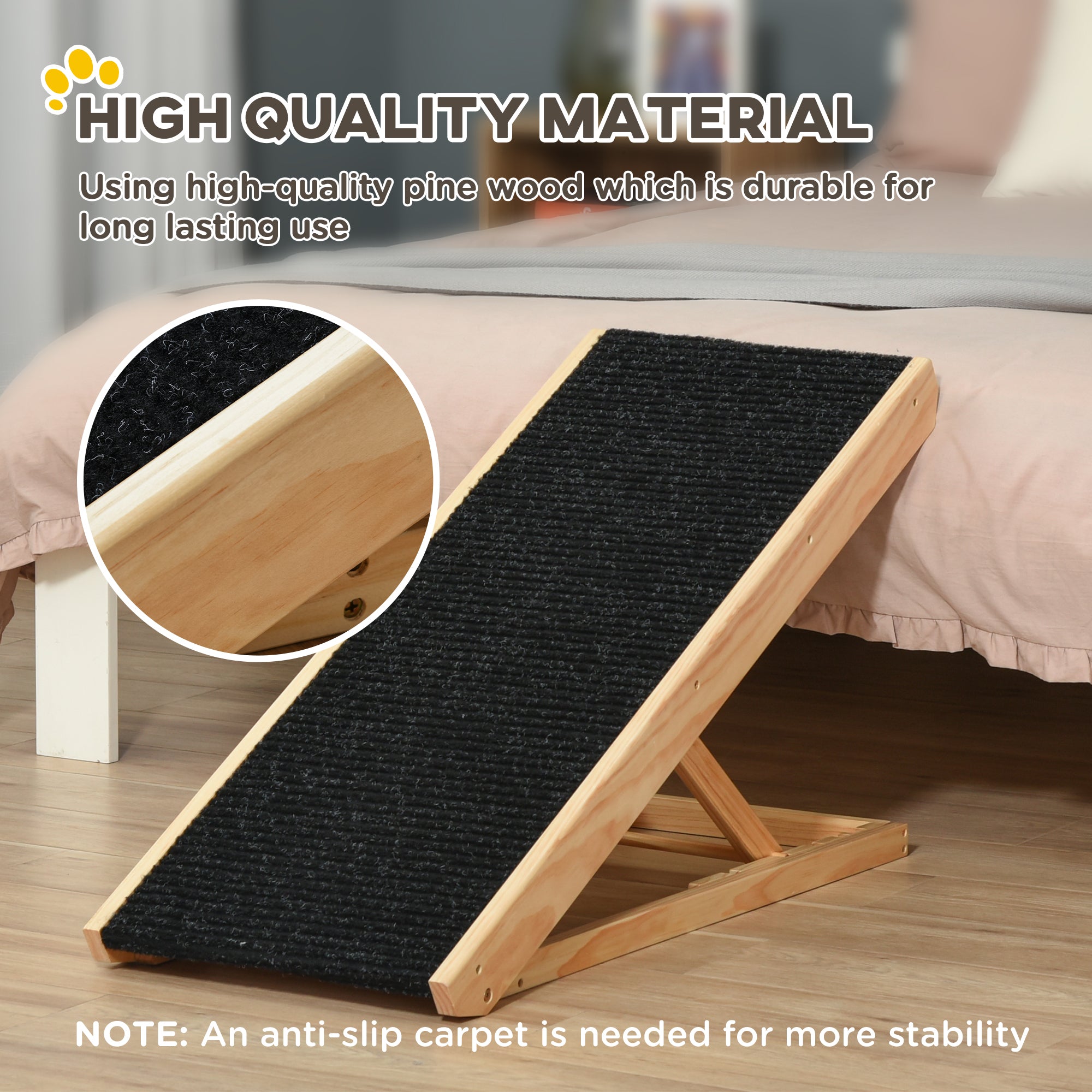 Dog Ramp for Bed Couch, Foldable Wooden Pet Ramp Height Adjustable 4 Levels, for Cats Large Dogs with Non Slip Carpeted Surface, Natural