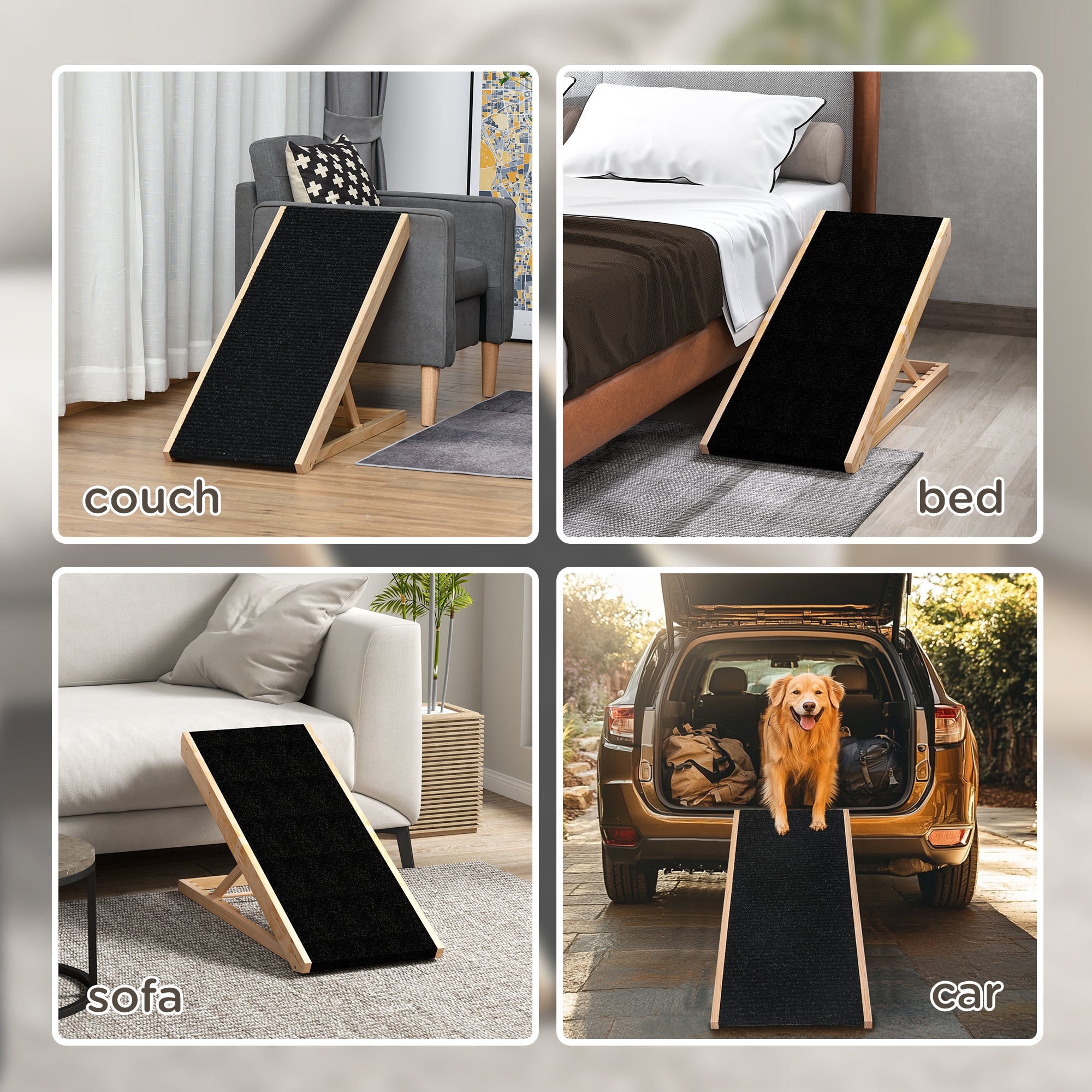 Dog Ramp for Bed Couch, Foldable Wooden Pet Ramp Height Adjustable 4 Levels, for Cats Large Dogs with Non Slip Carpeted Surface, Natural