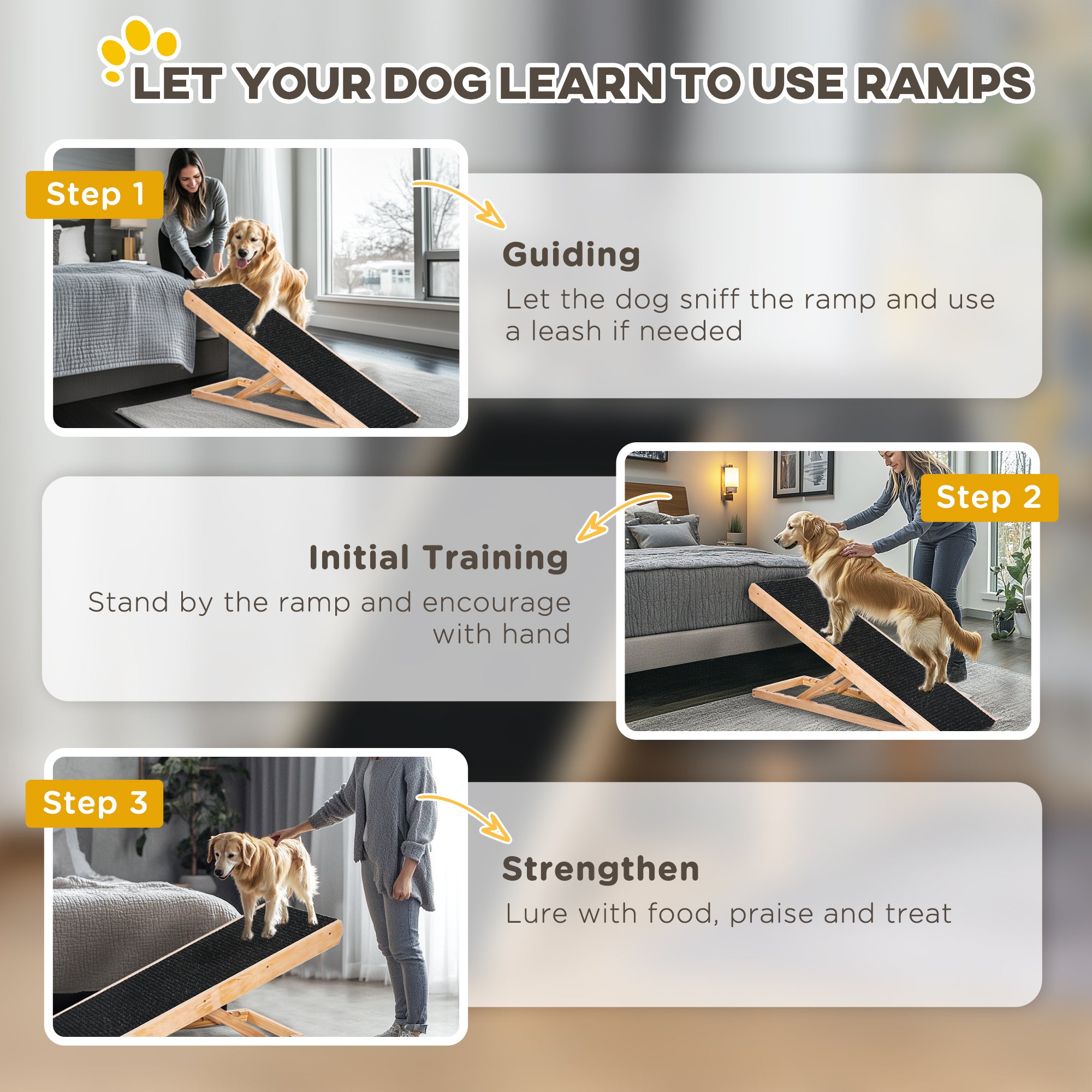 Dog Ramp for Bed Couch, Foldable Wooden Pet Ramp Height Adjustable 4 Levels, for Cats Large Dogs with Non Slip Carpeted Surface, Natural
