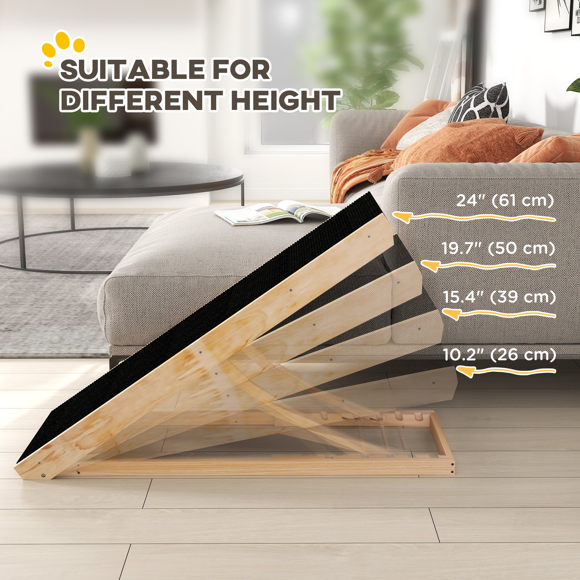 Dog Ramp for Bed Couch, Foldable Wooden Pet Ramp Height Adjustable 4 Levels, for Cats Large Dogs with Non Slip Carpeted Surface, Natural