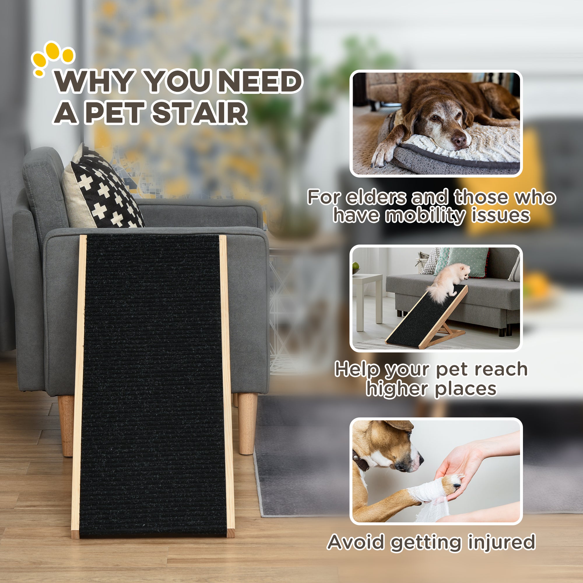 Dog Ramp for Bed Couch, Foldable Wooden Pet Ramp Height Adjustable 4 Levels, for Cats Large Dogs with Non Slip Carpeted Surface, Natural