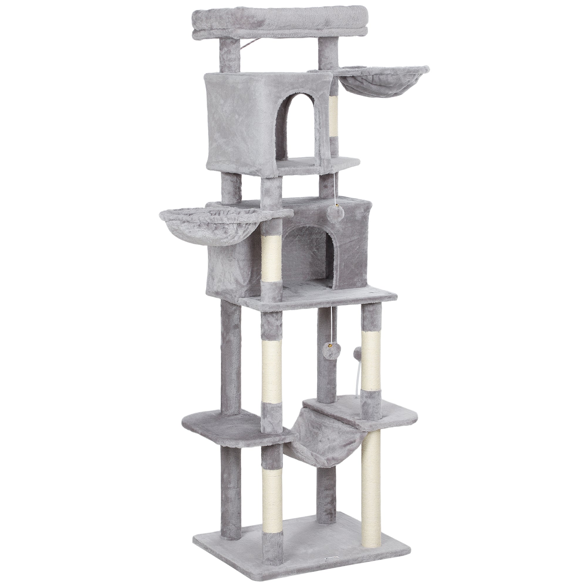 Cat Tree, 69" Cat Tower for Indoor Kittens, Multi-Level Tower with 2 Condos, Scratching Posts, 2 Hammocks, Perches, Pompoms for Multiple Kitties, Light Grey