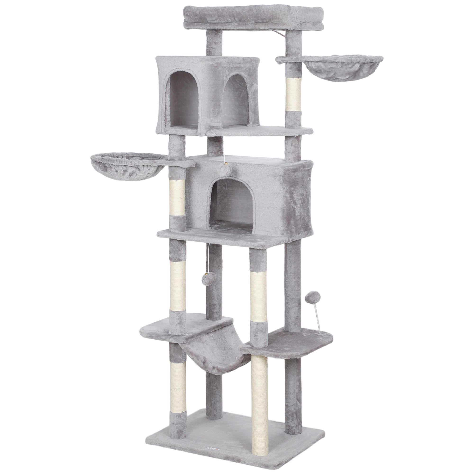 Cat Tree, 69" Cat Tower for Indoor Kittens, Multi-Level Tower with 2 Condos, Scratching Posts, 2 Hammocks, Perches, Pompoms for Multiple Kitties, Light Grey