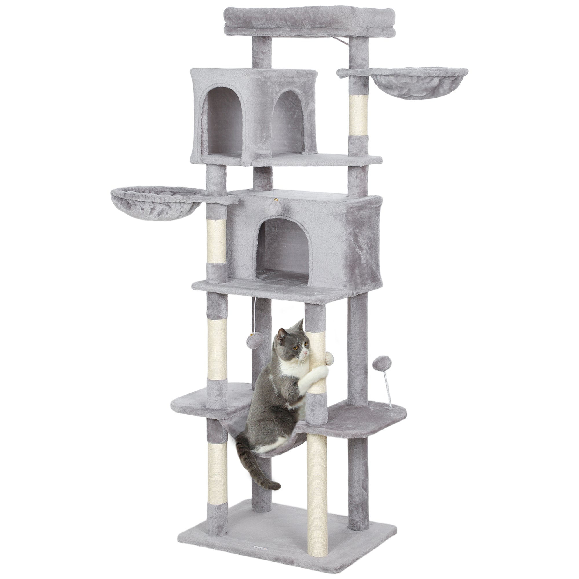Cat Tree, 69" Cat Tower for Indoor Kittens, Multi-Level Tower with 2 Condos, Scratching Posts, 2 Hammocks, Perches, Pompoms for Multiple Kitties, Light Grey