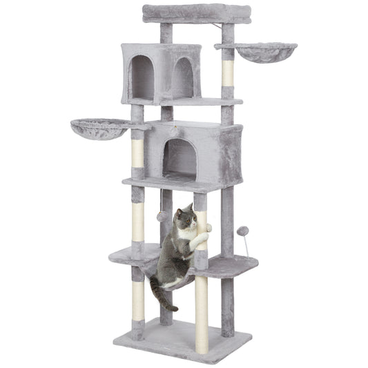 Cat Tree, 69" Cat Tower for Indoor Kittens, Multi-Level Tower with 2 Condos, Scratching Posts, 2 Hammocks, Perches, Pompoms for Multiple Kitties, Light Grey