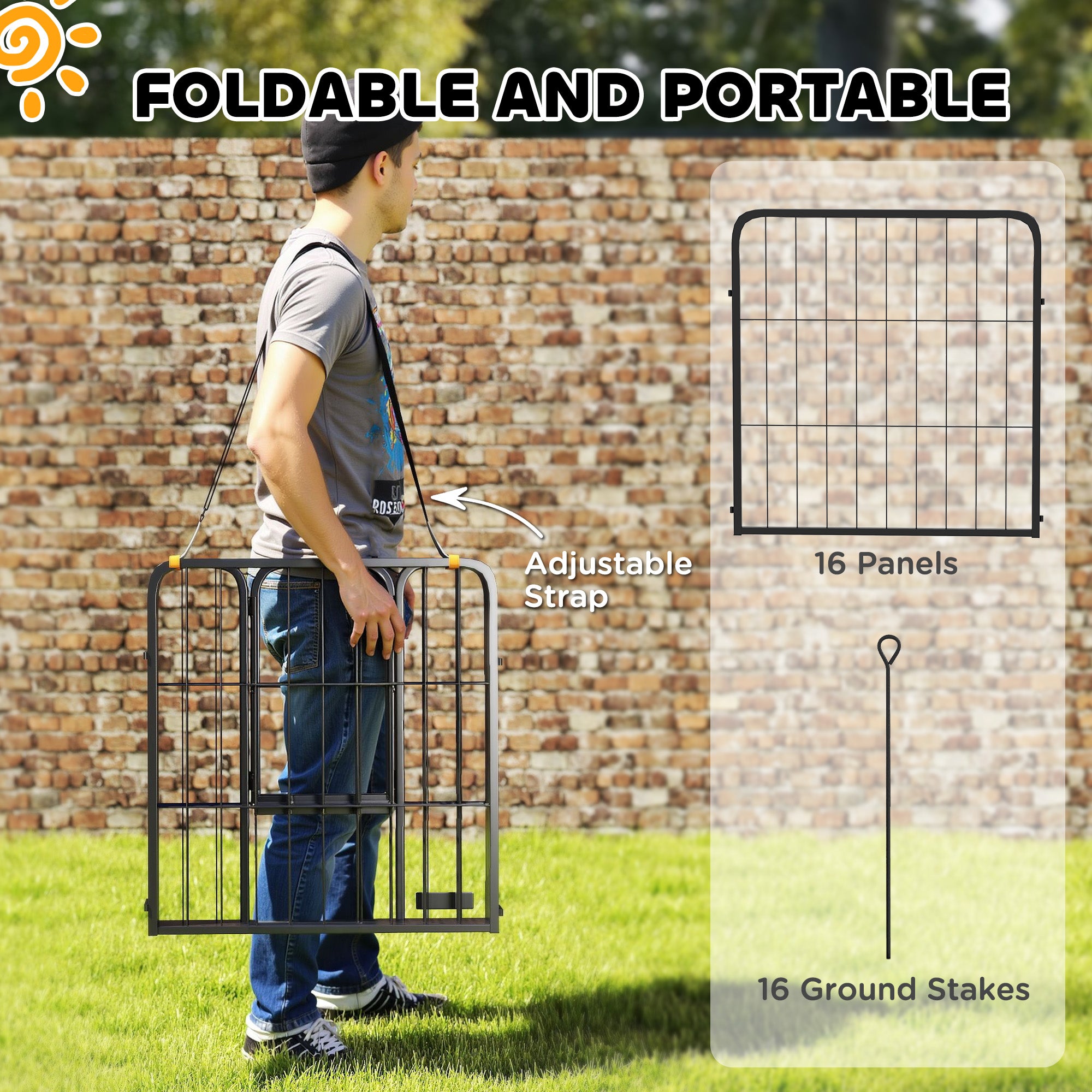 16 Panels Dog Playpen, 22"W x 24"H Heavy Duty Pet Fence with Door & Strap for Indoor Outdoor Backyard Garden, Portable & Foldable for Small Dogs