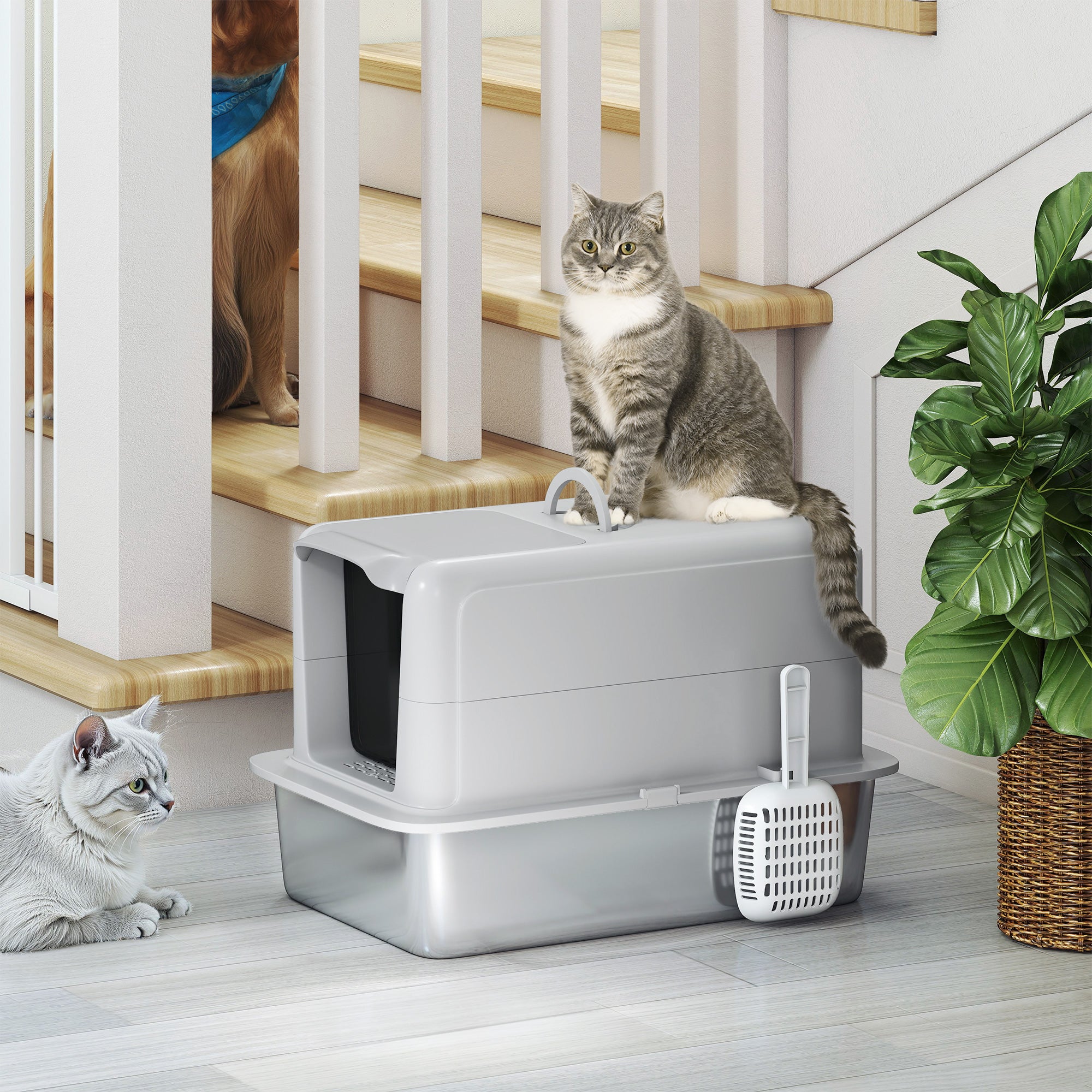 Stainless Steel Cat Litter Box, Extra Large Metal Cat Litter Tray with Lid, Scoop, Filter Bags, Grey