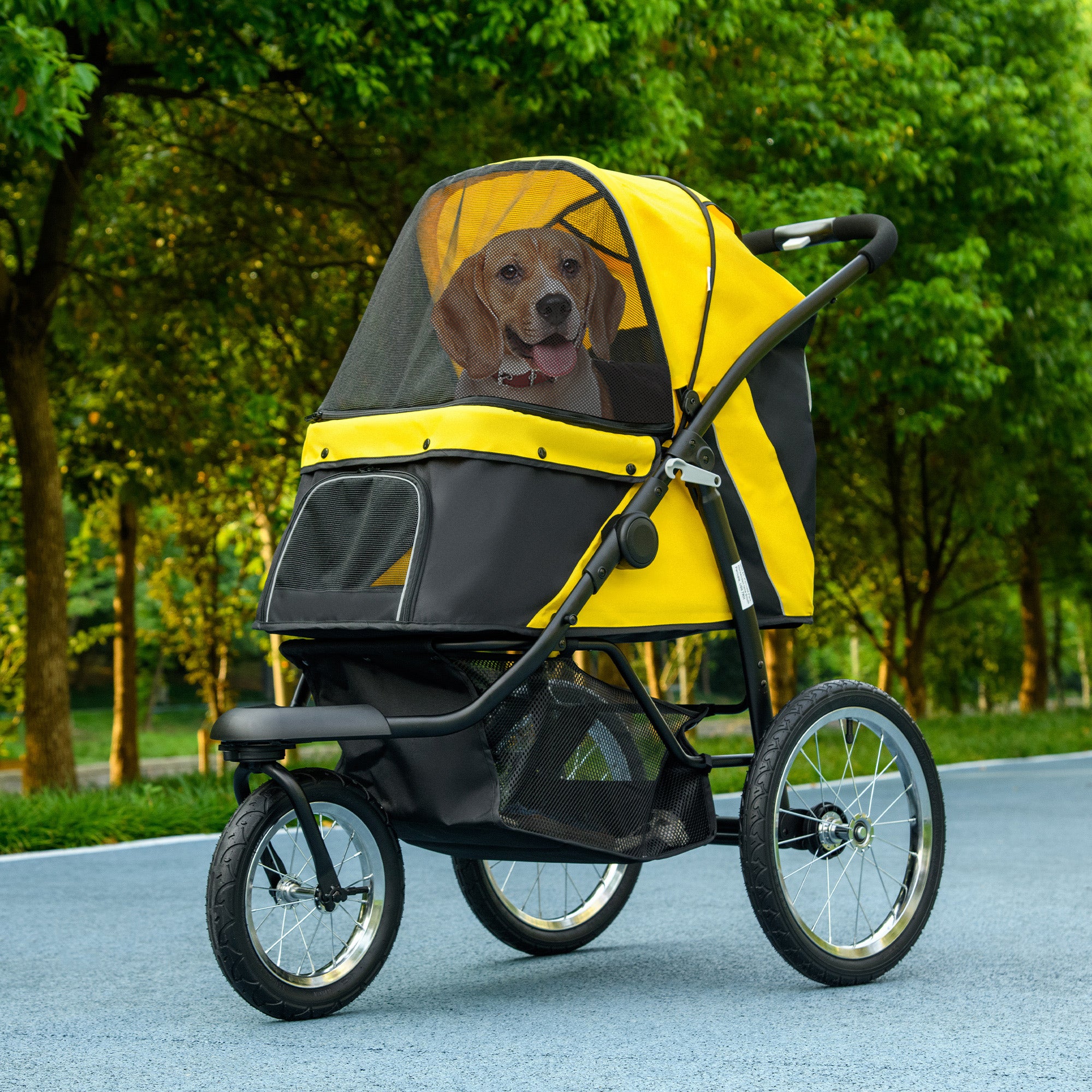Dog Pram Dog Stroller Jogger Foldable Pet Pushchair for Medium, Small Dogs, w/ Rubber Wheels, Washable Cushion - Yellow