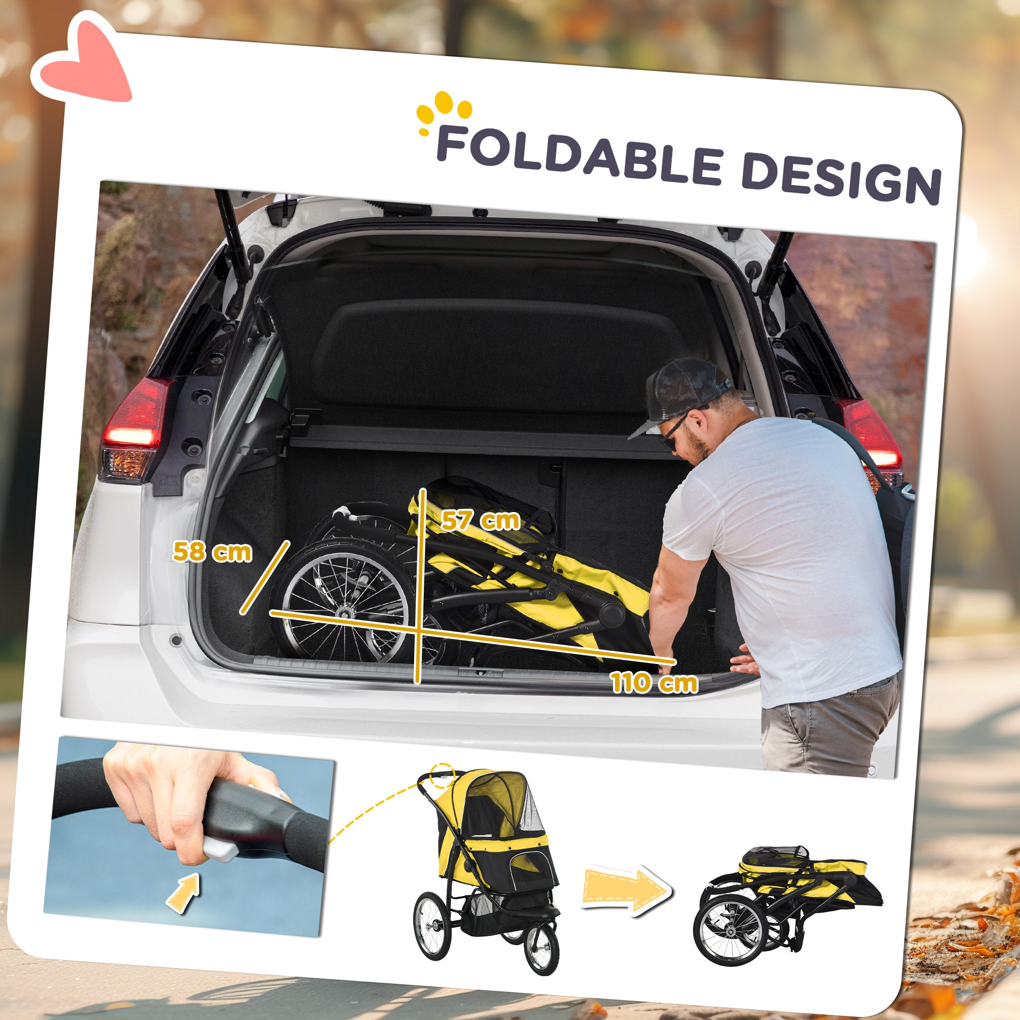 Dog Pram Dog Stroller Jogger Foldable Pet Pushchair for Medium, Small Dogs, w/ Rubber Wheels, Washable Cushion - Yellow