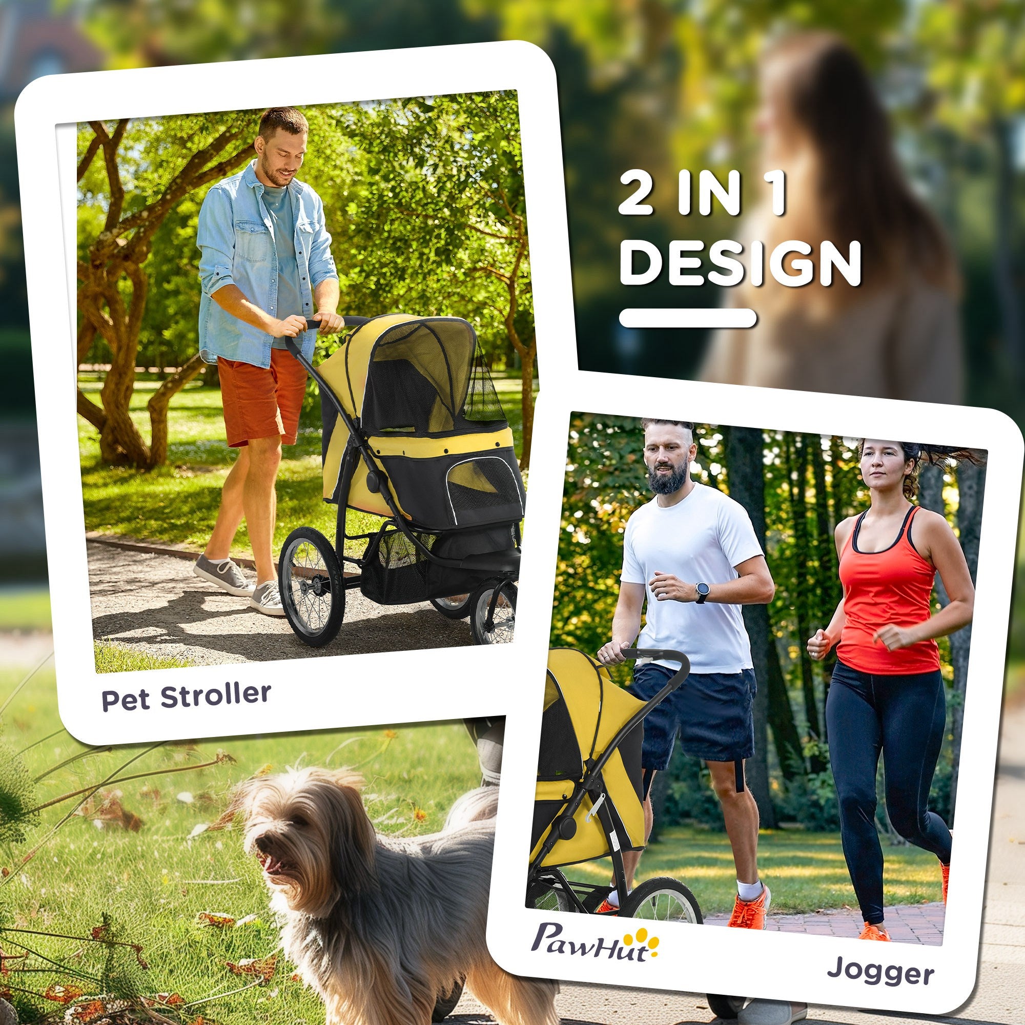 Dog Pram Dog Stroller Jogger Foldable Pet Pushchair for Medium, Small Dogs, w/ Rubber Wheels, Washable Cushion - Yellow