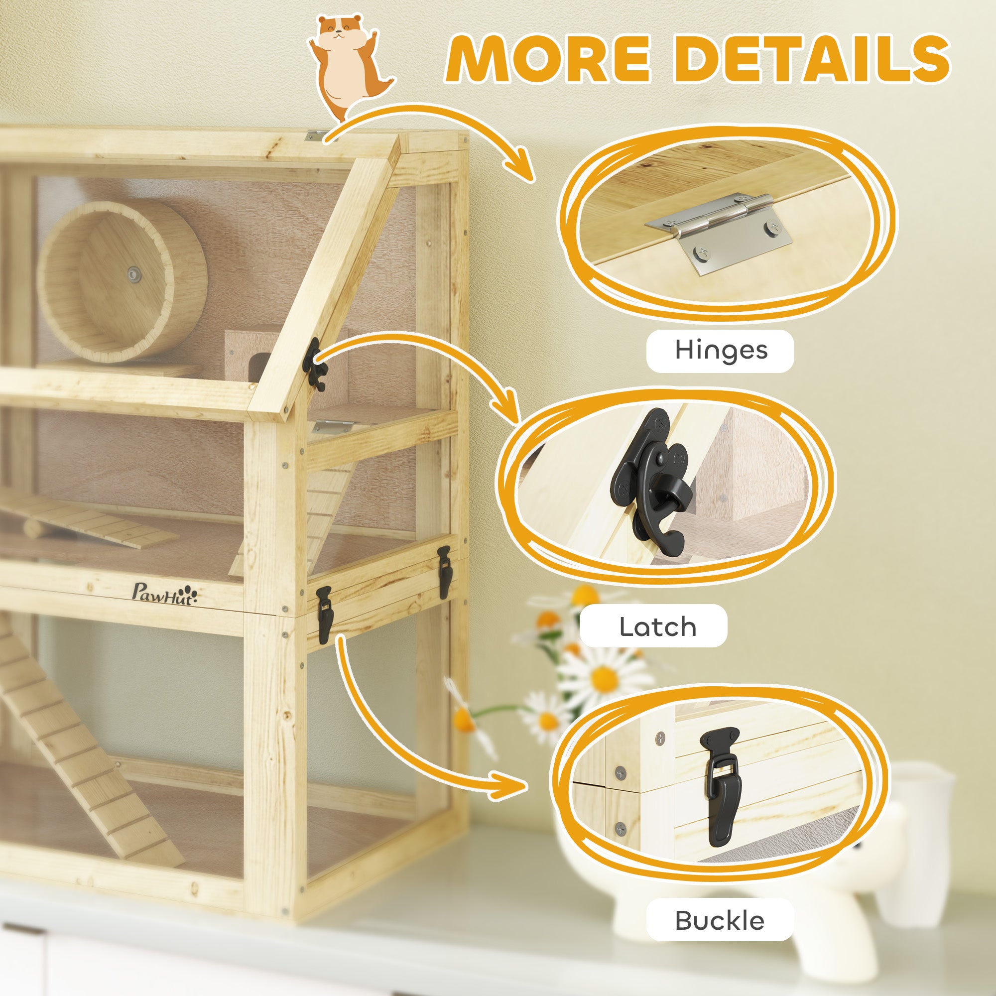 Wooden Hamster Cage, 3 Tier Gerbil Cage with Detachable 12.6" Deep Bottom, Hut, Seesaw, Exercise Wheel, Ramps, Small Animal Habitat for Dwarf, Rat, 24" x 16" x 29.5"