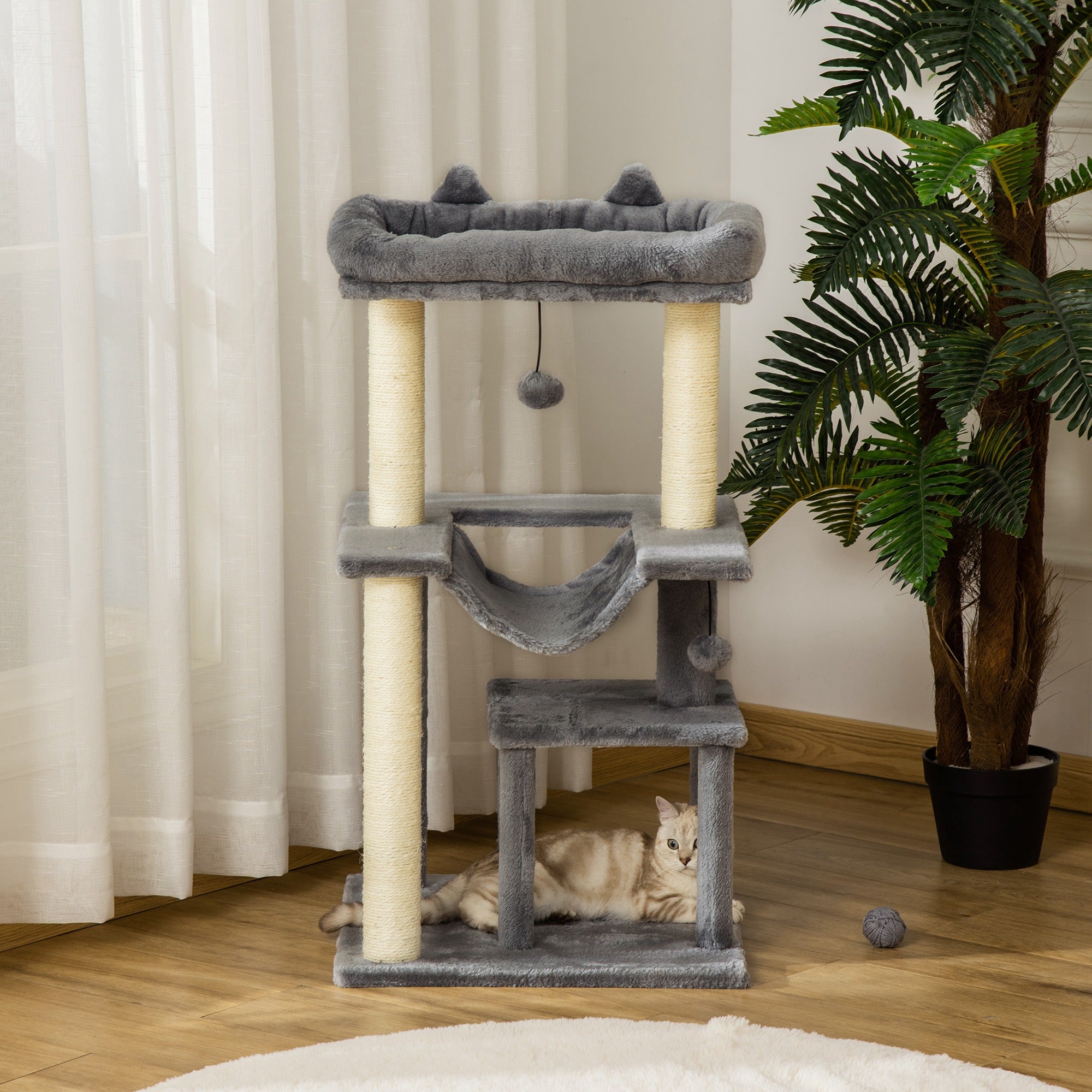 Cat Tree, 90cm Cat Tower with Sisal Scratching Posts, Cat Condo, Hammock, Top Perch and 2 Hanging Toys for Indoor Cats, Grey