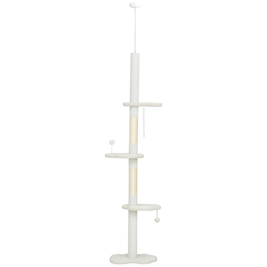 Floor to Ceiling Cat Tree, 225-255 cm Adjustable Cat Climbing Tower with 3 Cloud Perches, Sisal Scratching Posts, 2 Hanging Play Balls and Anti-Tip Strap, Beige