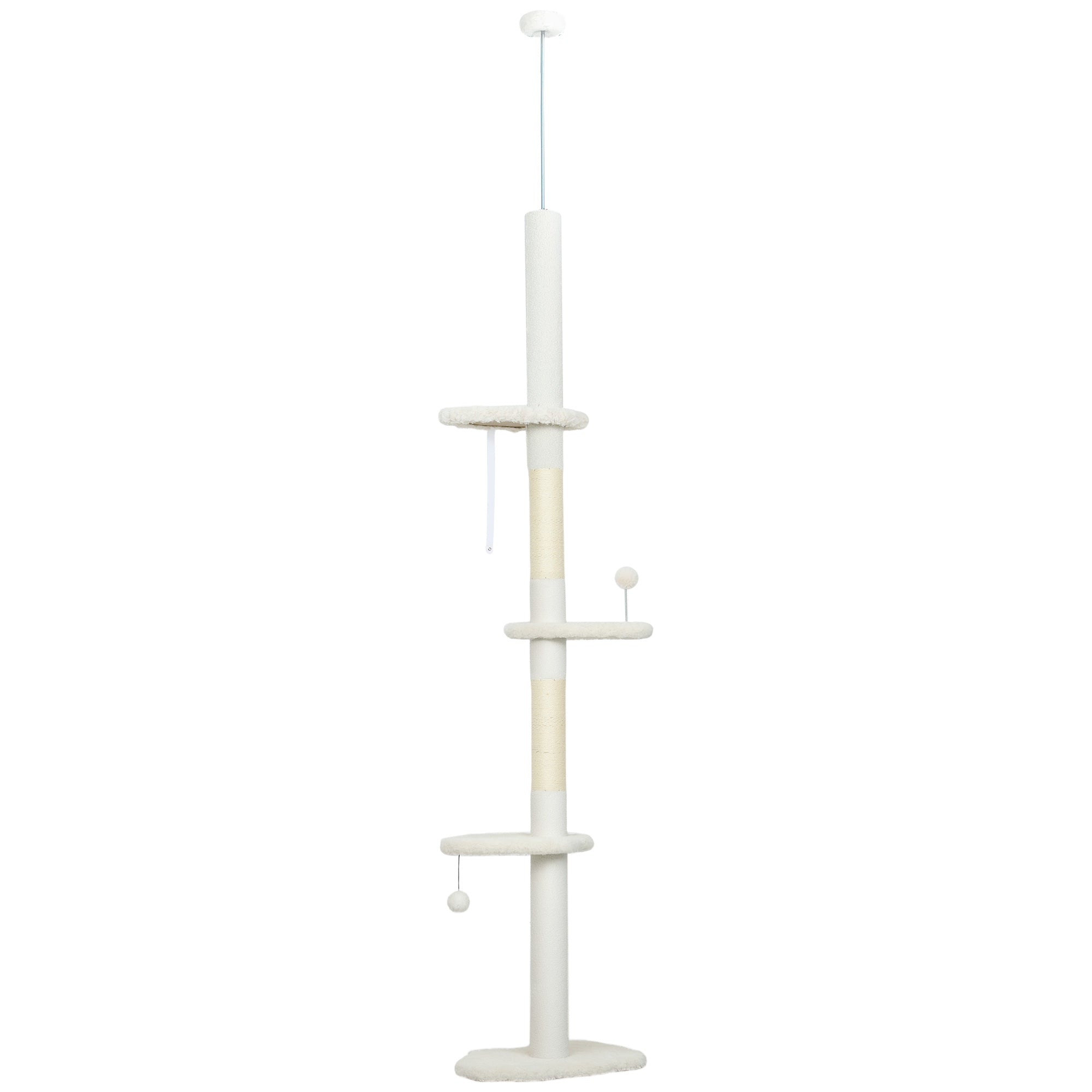 Floor to Ceiling Cat Tree, 225-255 cm Adjustable Cat Climbing Tower with 3 Cloud Perches, Sisal Scratching Posts, 2 Hanging Play Balls and Anti-Tip Strap, Beige