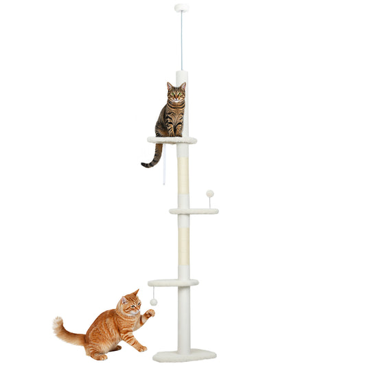 Floor to Ceiling Cat Tree, 225-255 cm Adjustable Cat Climbing Tower with 3 Cloud Perches, Sisal Scratching Posts, 2 Hanging Play Balls and Anti-Tip Strap, Beige