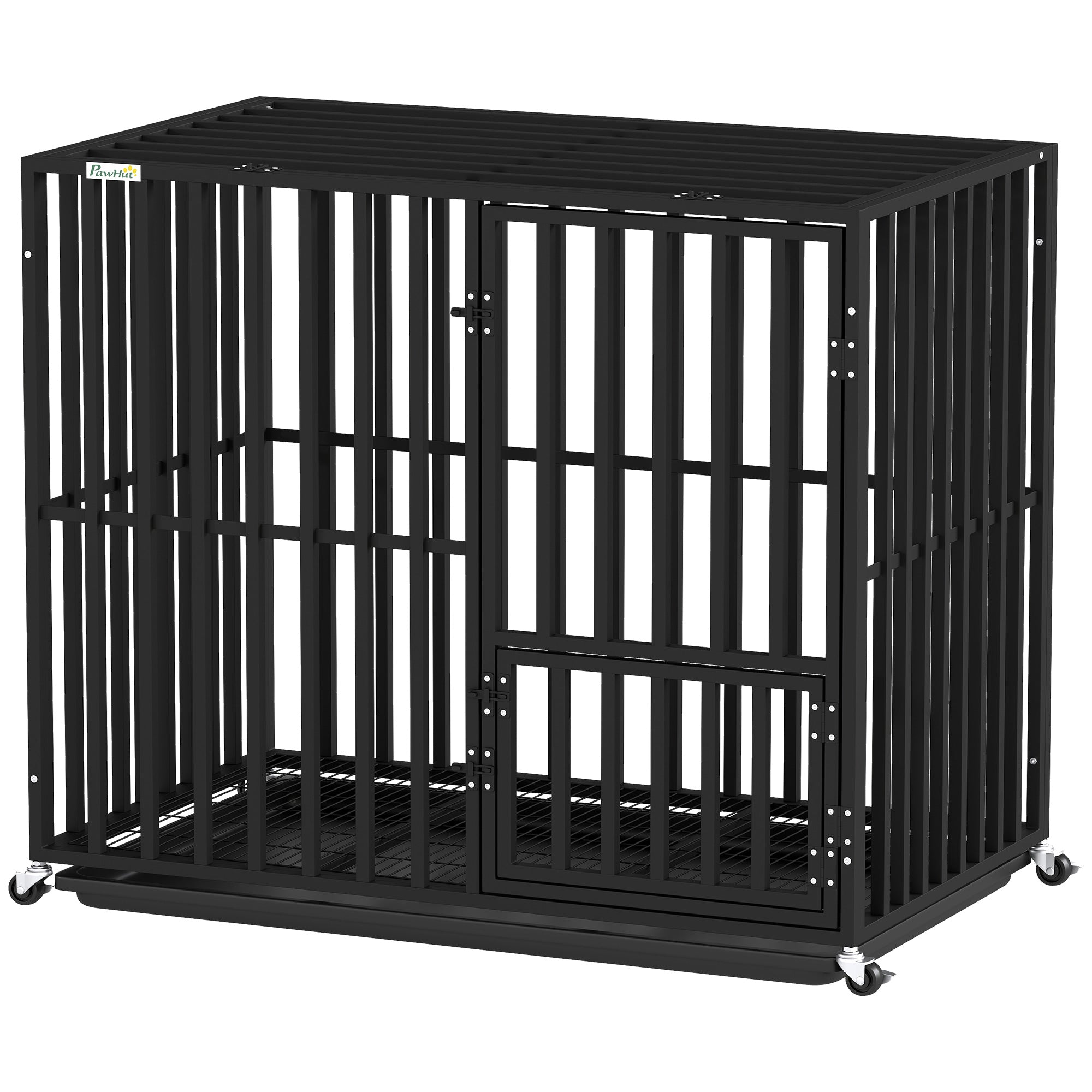 Heavy Duty Dog Crate, Dog Cage with Wheels for Medium Large Breeds, Metal Pet Crate with Removable Tray and 3 Doors for Indoor & Outdoor, 95 x 57 x 81 cm, Black