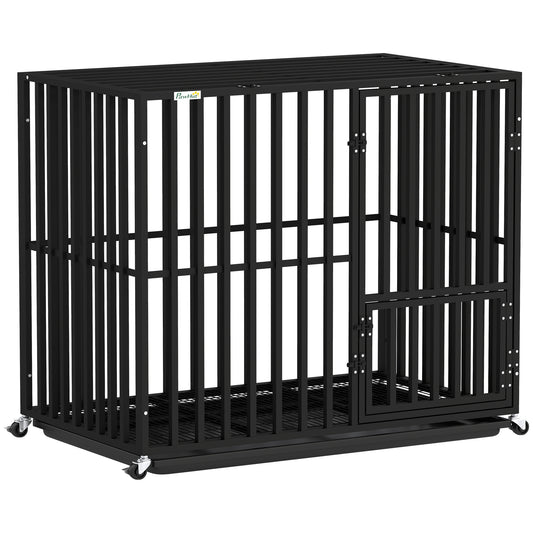 Heavy Duty Dog Crate, Dog Cage with Wheels for Medium Large Breeds, Metal Pet Crate with Removable Tray and 3 Doors for Indoor & Outdoor, 95 x 57 x 81 cm, Black