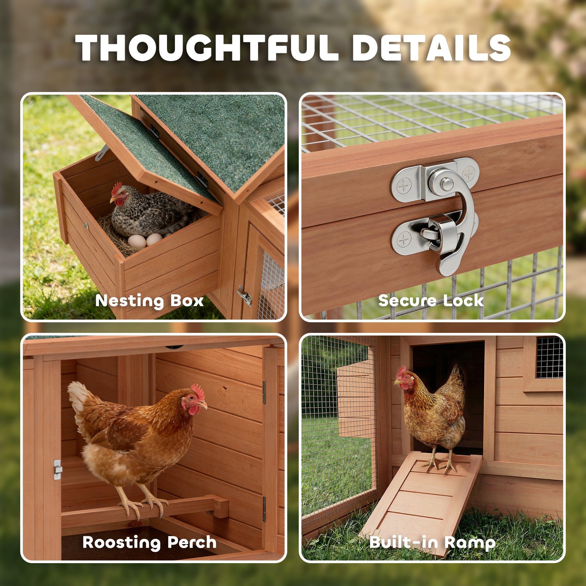72" Chicken Coop, Wooden Hen House for 2 Chickens, Poultry Cage with Run, Nesting Box, Removable Tray, Waterproof Roof, Ramp, Perch,Duck House Rabbit Hutch, Orange