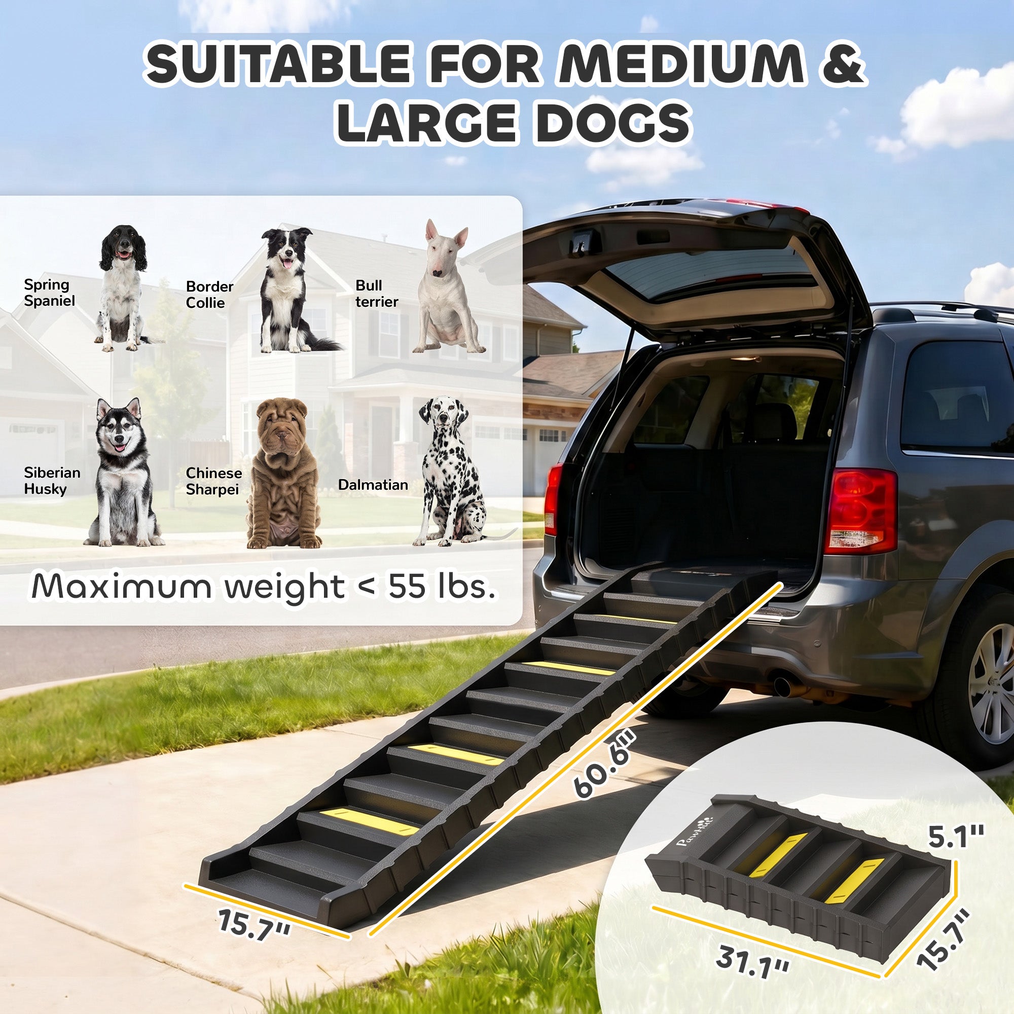 Dog Ramp for Car Truck SUV, Foldable Dog Stairs for Large Medium Small Dogs, Folding Pet Stairs with Non-slip Strips & Pads, Supports Up to 55 lbs (10 Steps), Black