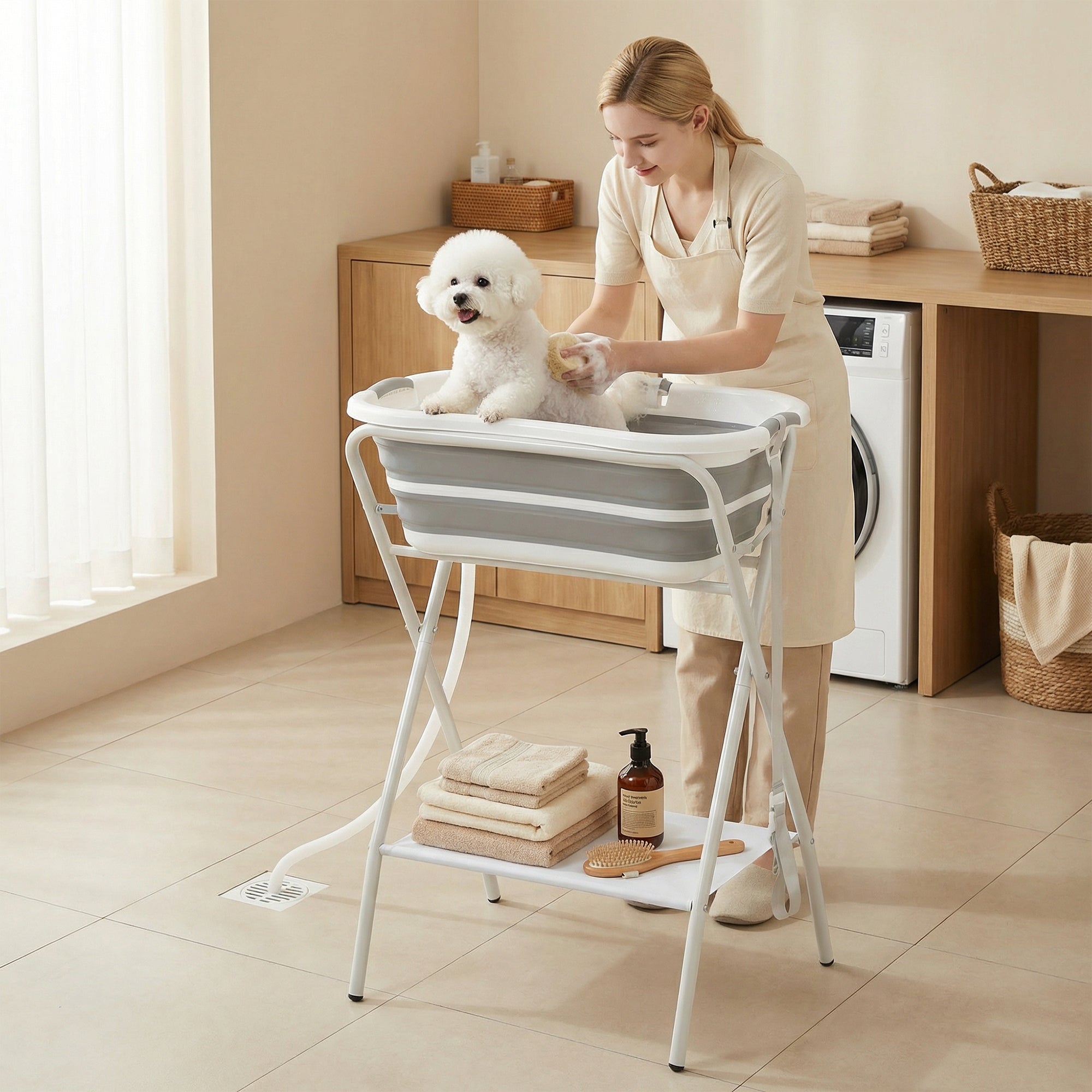 2 in 1 Dog Bath Tub, Dog Washing Station for Bathing and Grooming, Elevated Shower Bath Tub, Collapsible Foldable Portable Bathtub for Small Dogs Puppy Cats Pet, Indoor and Outdoor