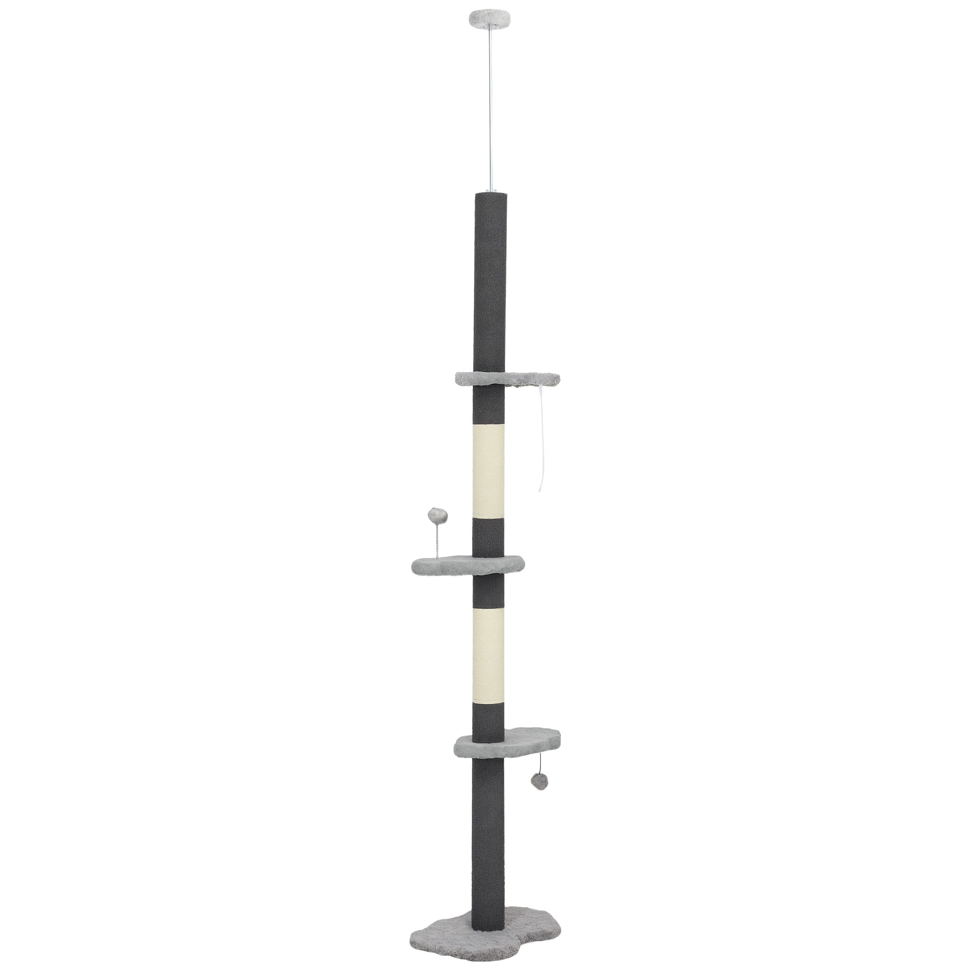 Floor to Ceiling Cat Tree with Scratching Posts, 88.5"-100.5" Adjustable Height Cat Tower with Cloud Shaped Platforms, Dangling Balls, Grey