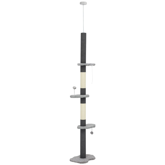 Floor to Ceiling Cat Tree with Scratching Posts, 88.5"-100.5" Adjustable Height Cat Tower with Cloud Shaped Platforms, Dangling Balls, Grey